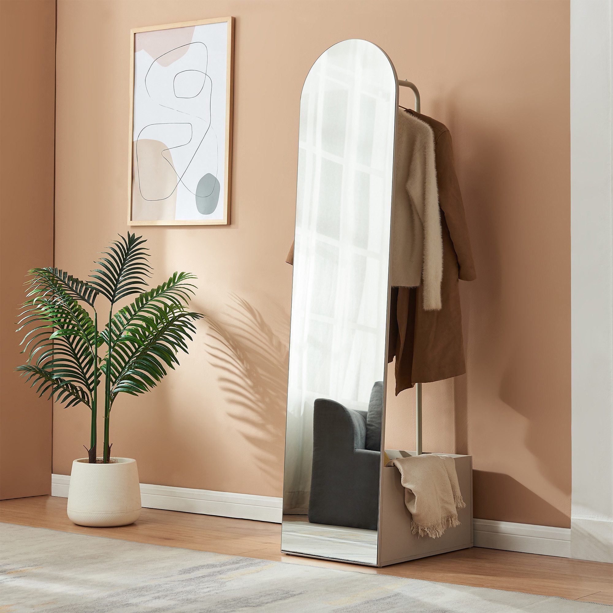 en.casa Garderobenspiegel, »Kuonta« mit Staufach und Kleiderstange 165 x 40 x 51 cm Sandfarben