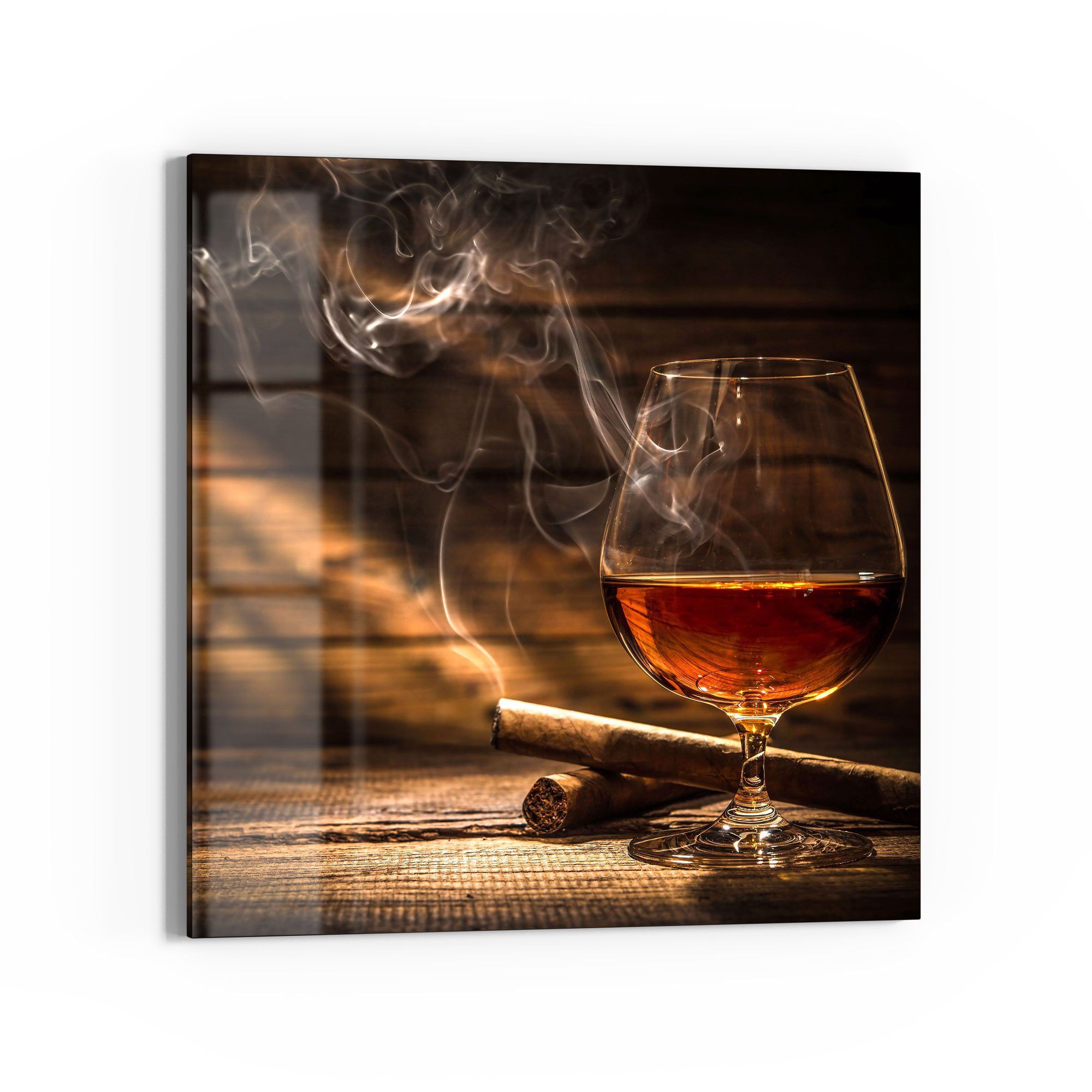 DEQORI Glasbild 'Whiskeyglas und Zigarre', 'Whiskeyglas und Zigarre', Glas Wandbild Bild schwebend modern