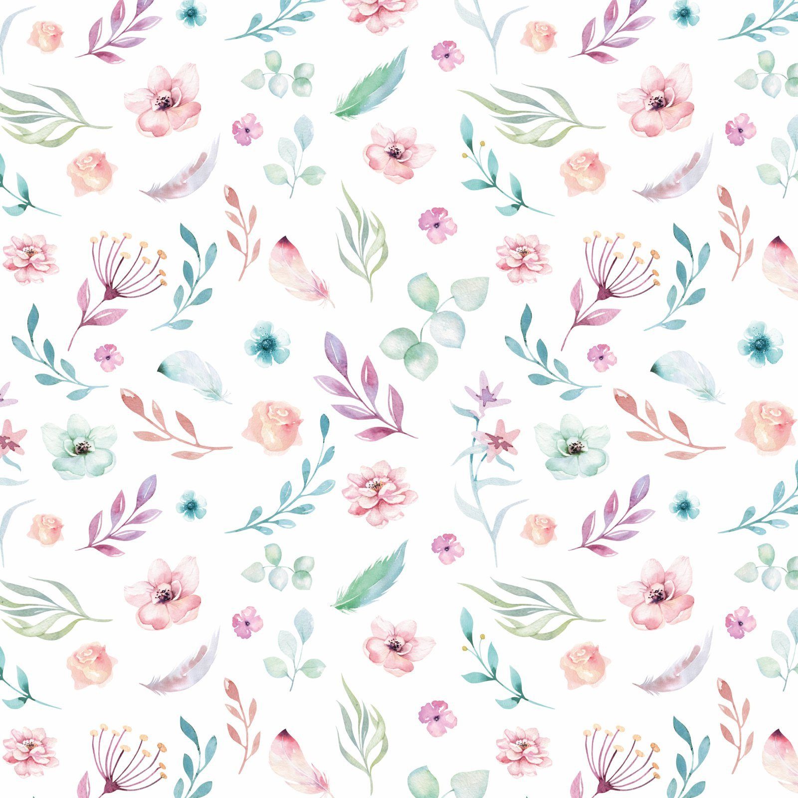 nikima Packpapier Blumen/Federn bunt Aquarell Geschenkpapier, 5 Bögen