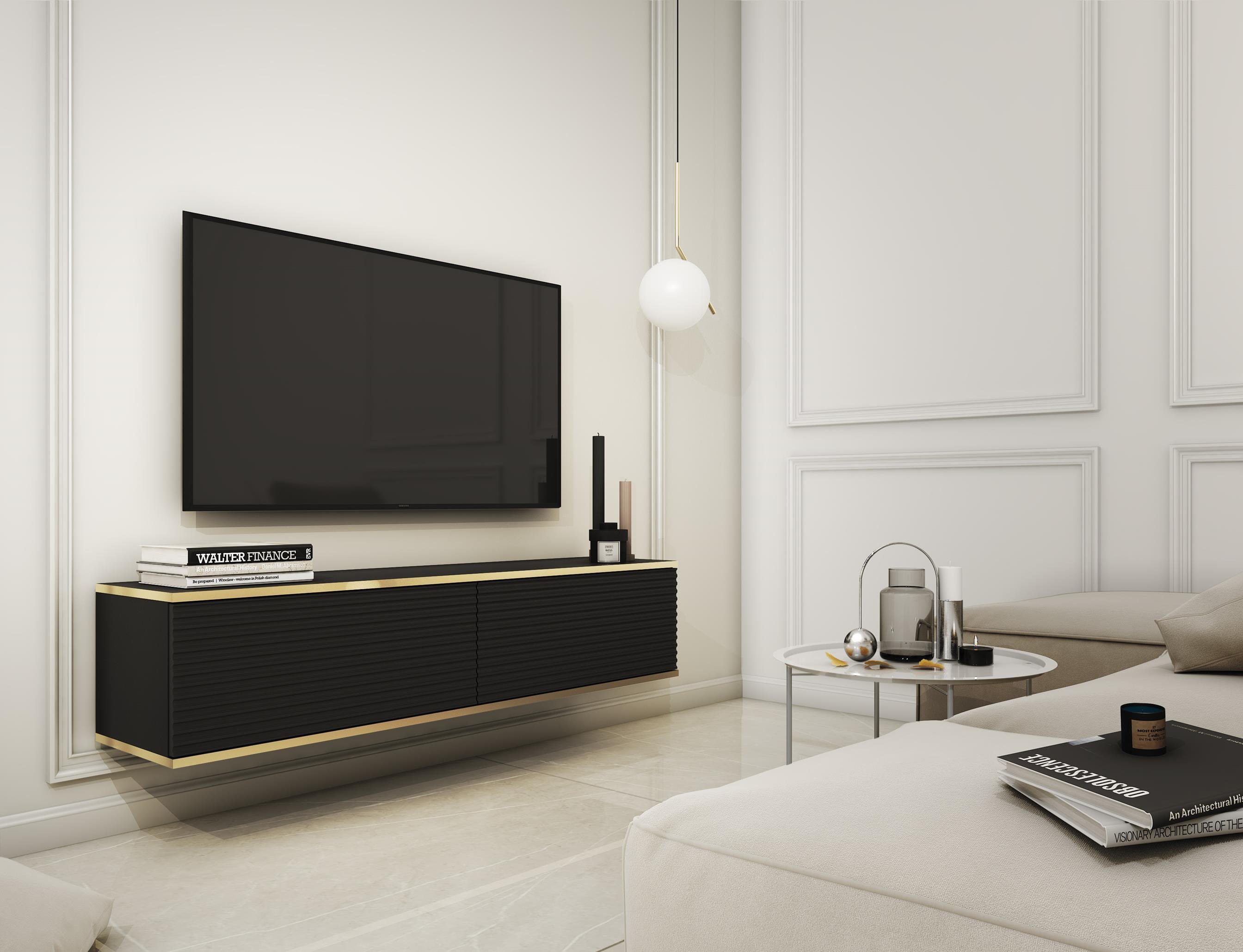 Furnix TV-Schrank LIWIA 135 MDF Fernsehschrank mit Zierleisten und Türen B135 x H30 x T32 cm Schwarz/Gold