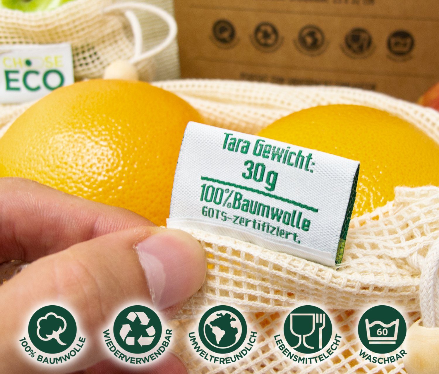 ChooseEco Gemüsebeutel Bio, "Zero 100% Waste", (Spar-Set) Obst- & Gemüsebeutel + Brotbeutel, 6er-Set