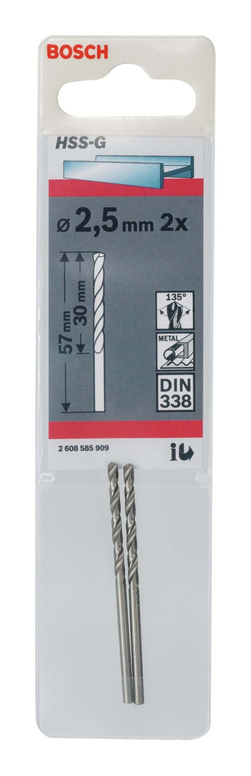 HSS-G BOSCH 2,5 (DIN 2er-Pack x 30 - - 57 x mm Metallbohrer, Stück), (2 338)