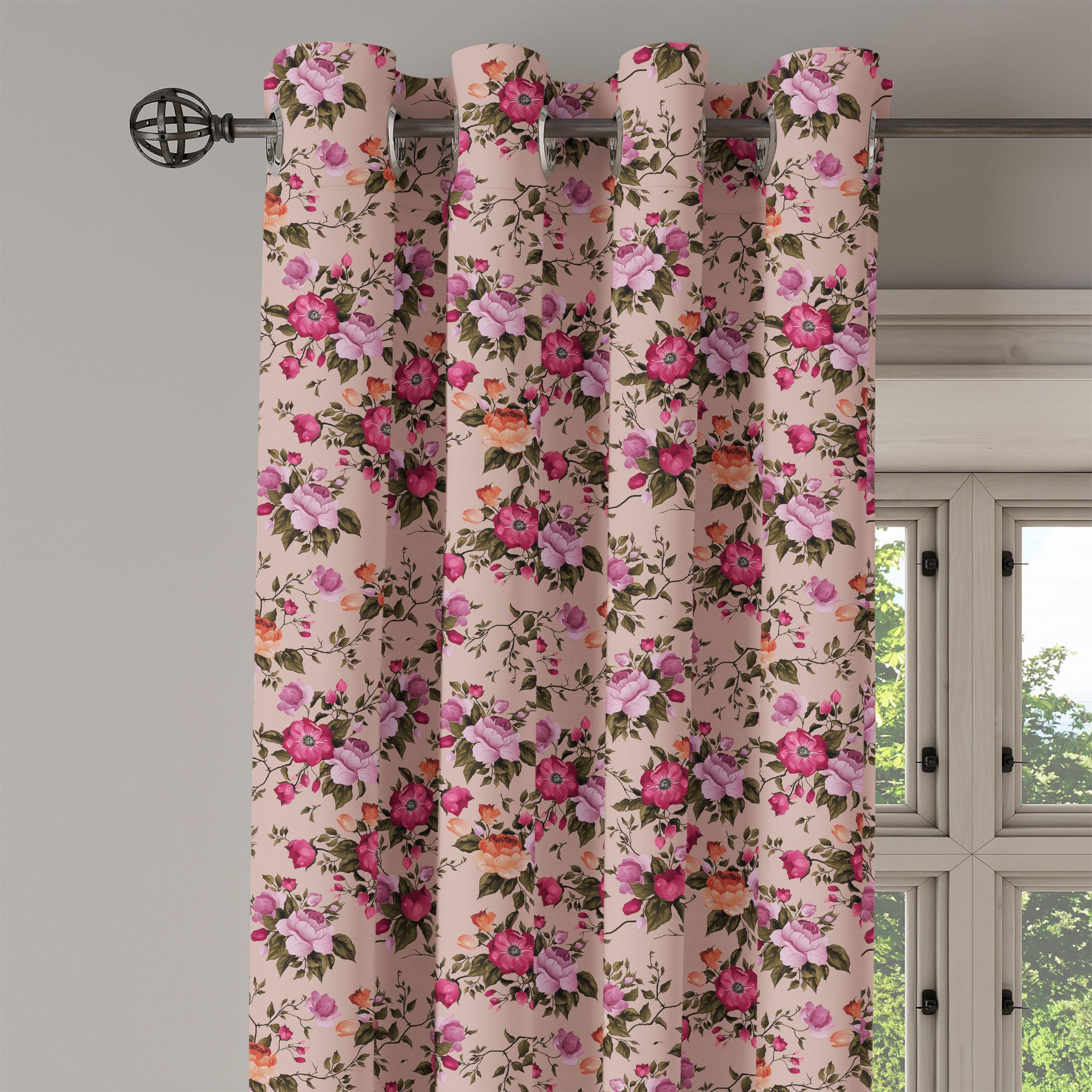 Rose Dekorative Blumenmuster Abakuhaus, Gardine für Wohnzimmer, Schlafzimmer 2-Panel-Fenstervorhänge Blume mit