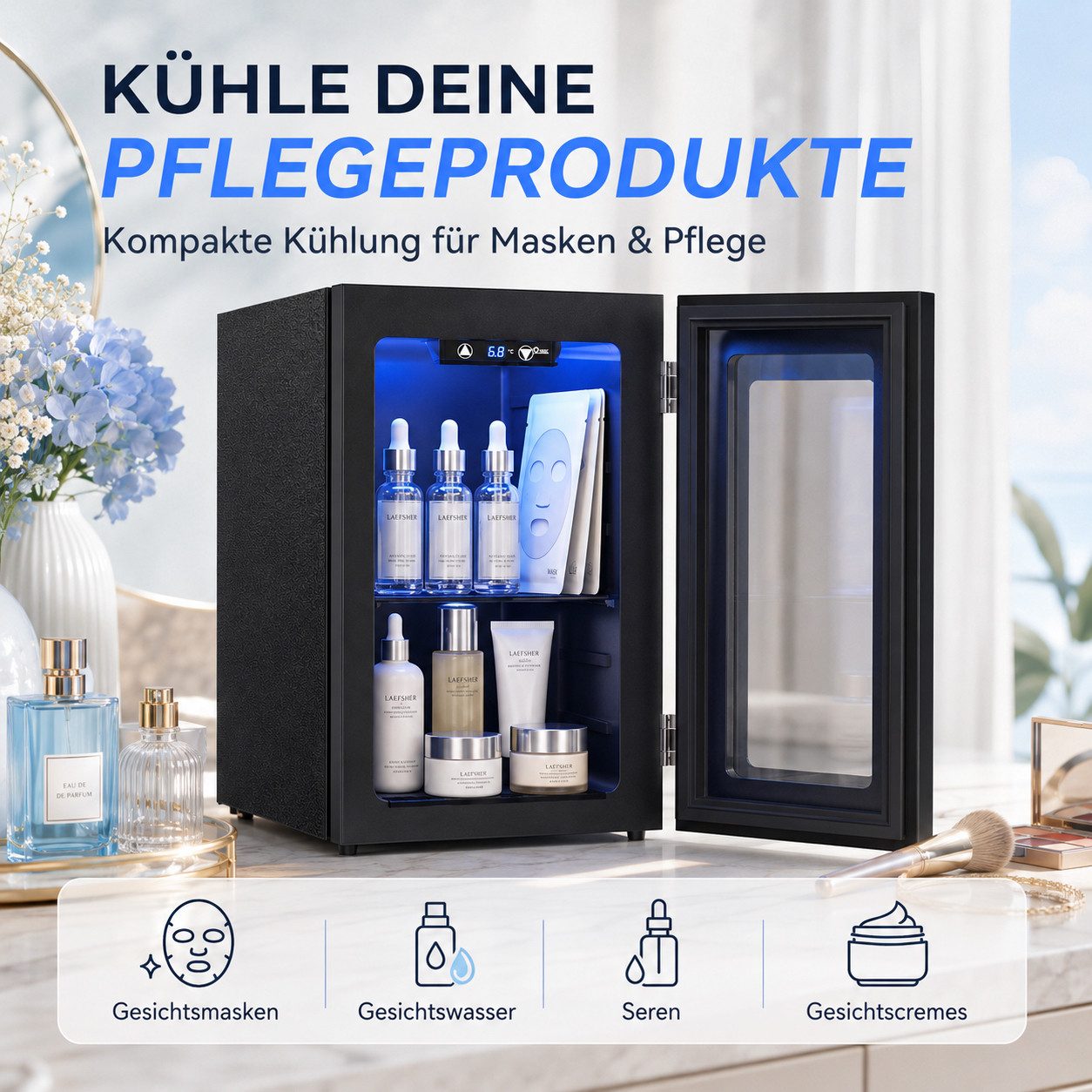 Furnicopia Getränkekühlschrank 18L,leise, 24 Dosen/6 Flaschen, verstellbares Regal, Digital-Display, Energieklasse E JC-18UEL-F, Kompressor, Doppelglas, LED, we – Bild 4 von 5