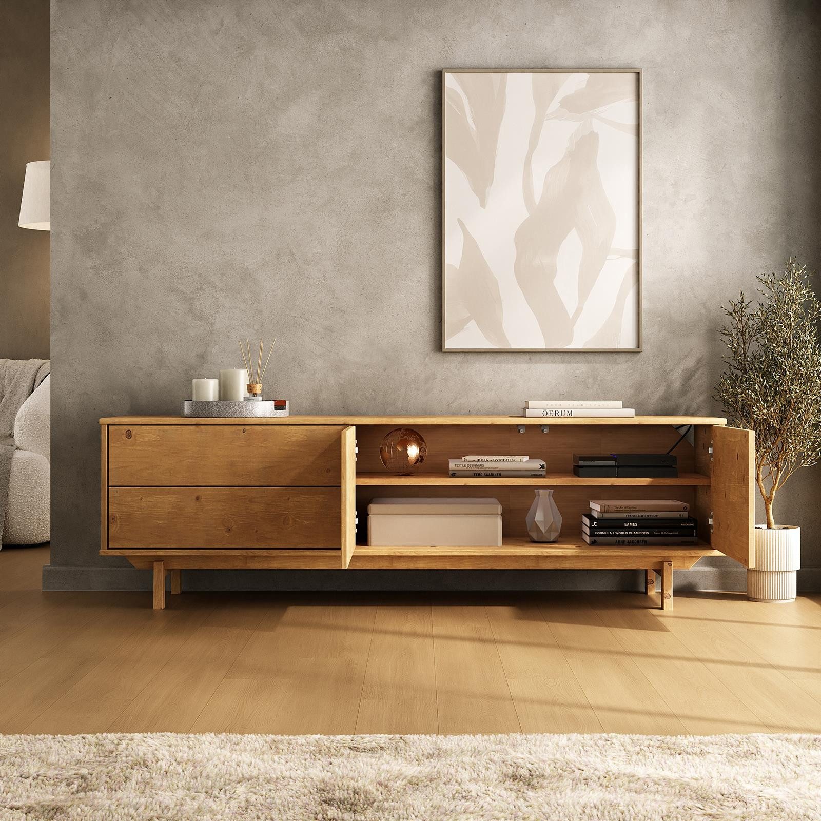 IDIMEX Lowboard LITA, TV Lowboard 170 cm aus Massivholz, Push-to-Open Funktion Eiche Finish