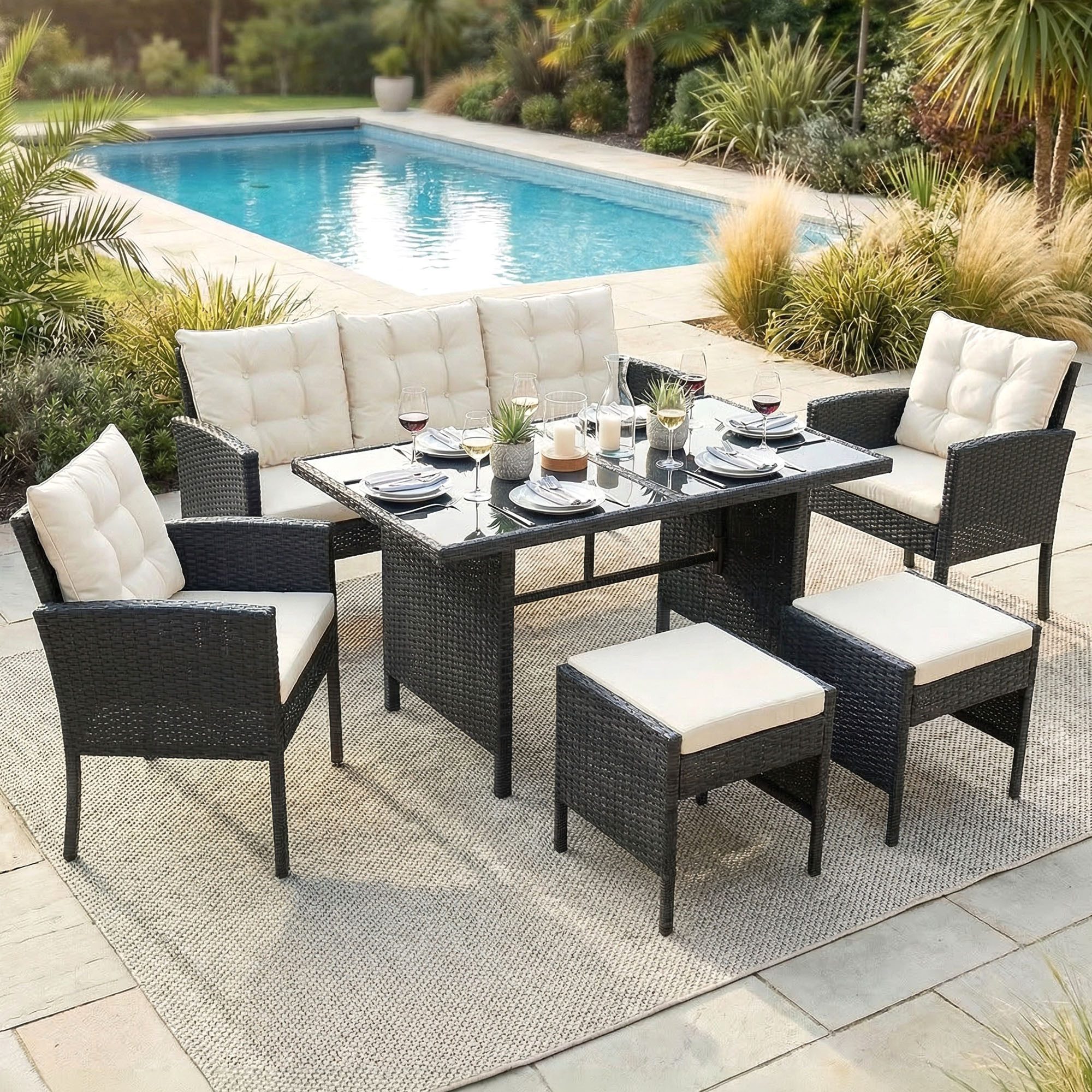 Swing&Harmonie Sitzgruppe Poly Rattan Sitzgarnitur Sydney Esstisch Lounge, (Gartenmöbel Set 6-teilig, 1x Tisch + 2x Stühle + 1x Sitzbank + 2x Hocker)