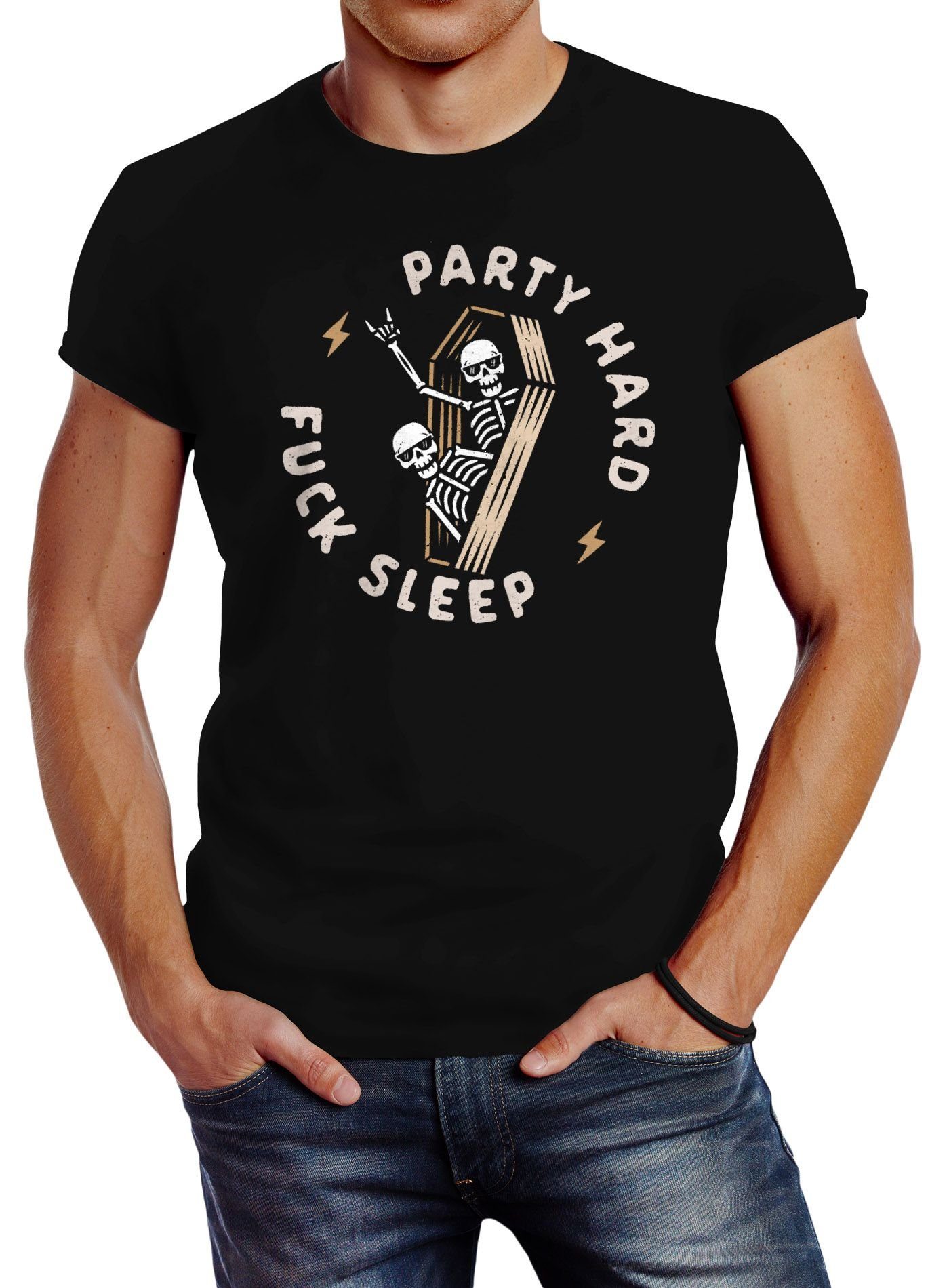 Neverless Print-Shirt Herren T-Shirt Spruch Motiv Party Hard Fuck Sleep Print Skelett Skeleton Sarg Slim Fit Neverless® mit Print