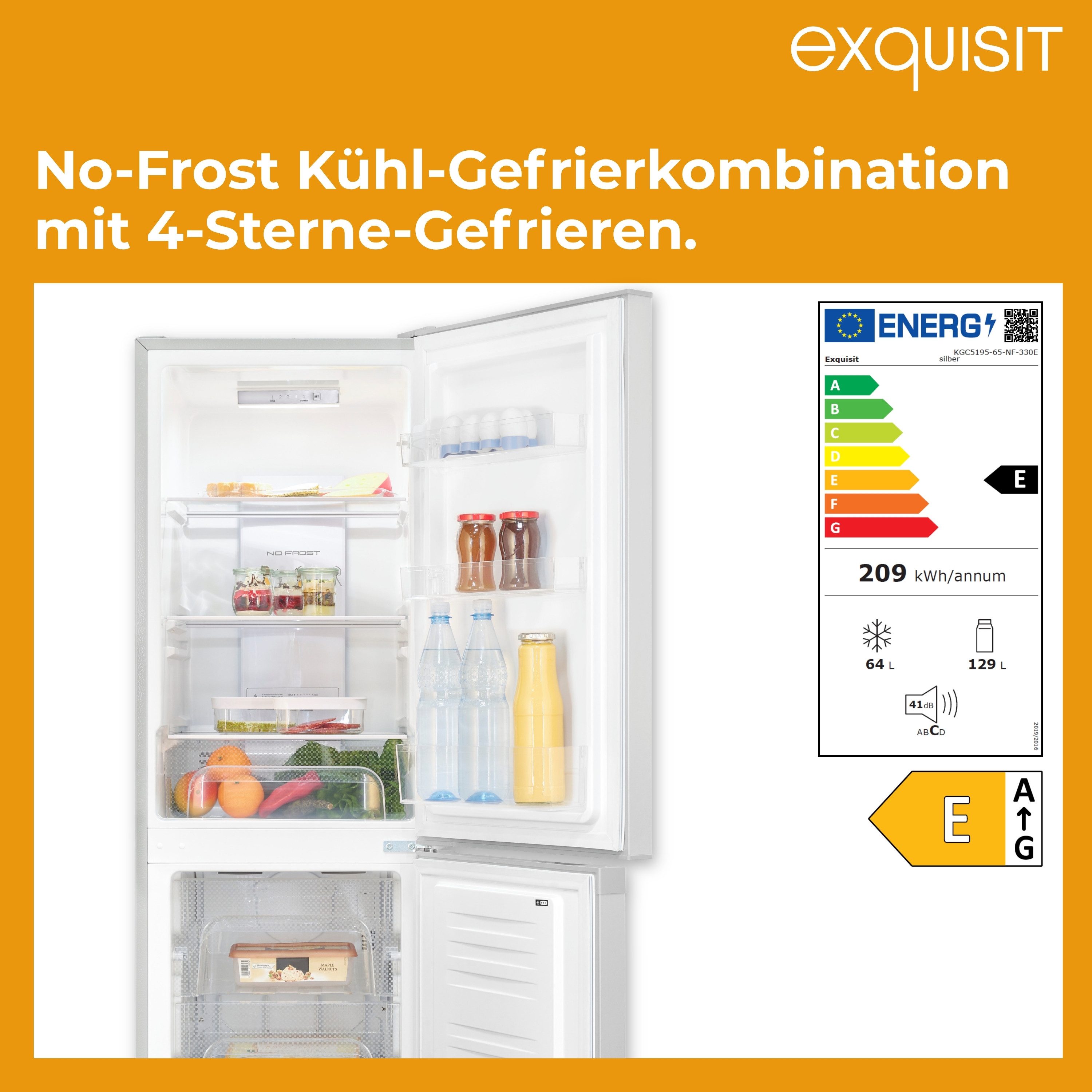 exquisit Kühl-/Gefrierkombination KGC5195-65-NF-330E, 157.5 cm hoch, 48.5 cm breit, No-Frost-Technik, LED-Beleuchtung, wechselbarer Türanschlag