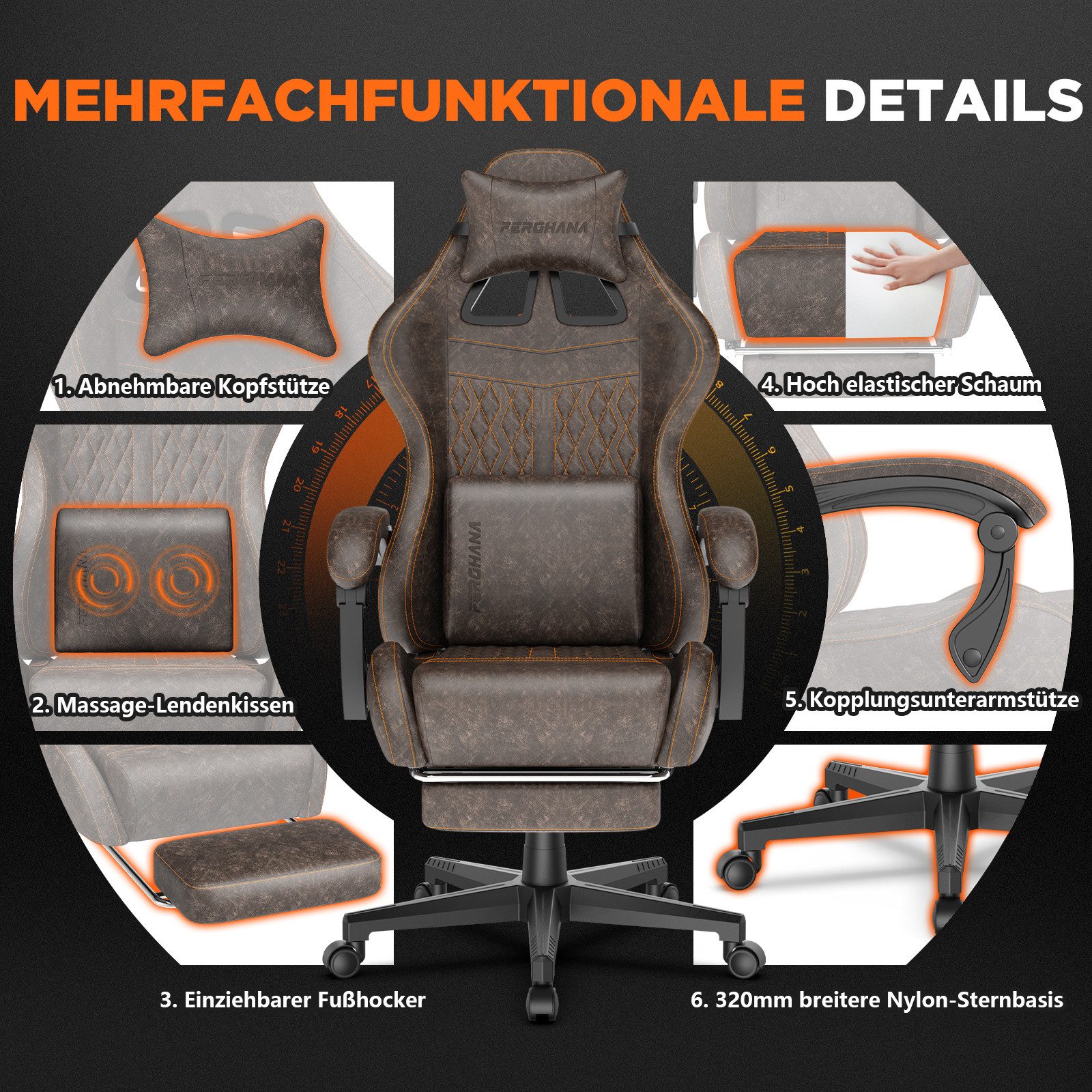 Ferghana Gaming-Stuhl Ergonomisch,Racing Gamer Sessel mit Fußstütze, Lendenkissen,Kopfkissen (Packung), PU Leder Computerstuhl, 360° drehbar
