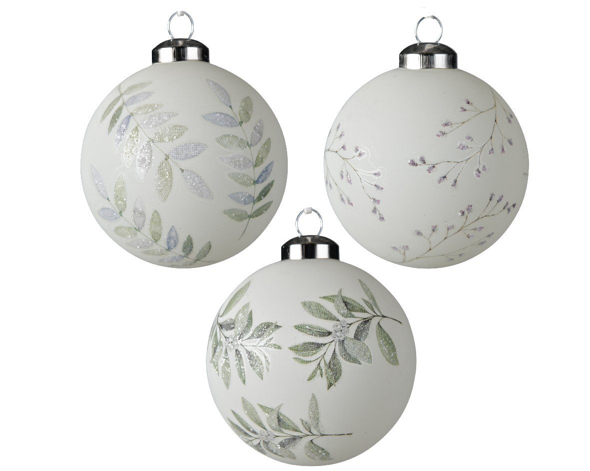 8cm 12er grün Weihnachtsbaumkugel, Weihnachtskugeln und Zweige season / Blätter Glas Decoris decorations weiß Set