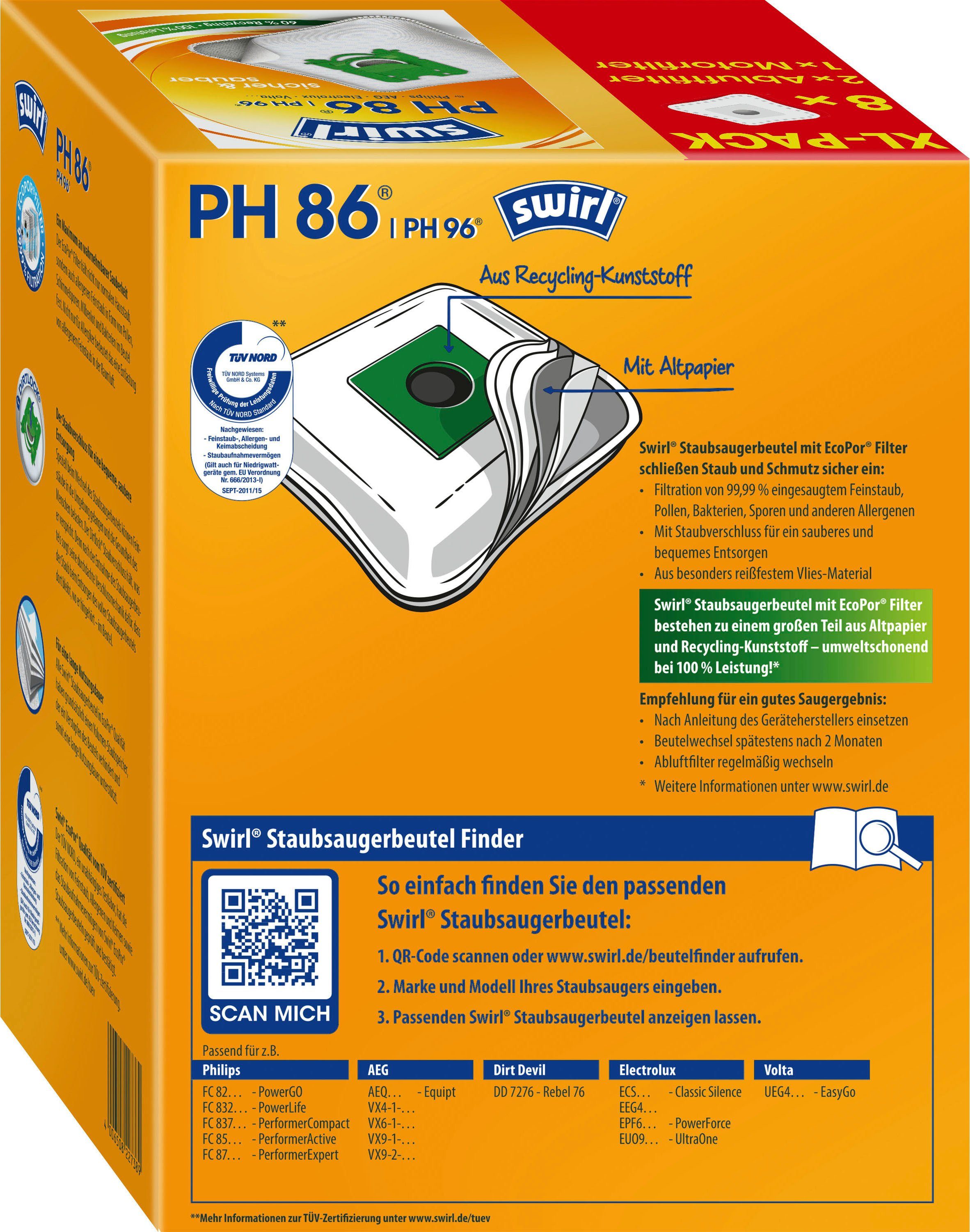 PH 86/96 XL St., für Philips, 11 passend Staubsaugerbeutel Swirl® für Swirl Vorteilspack, Philips AEG, EcoPor®