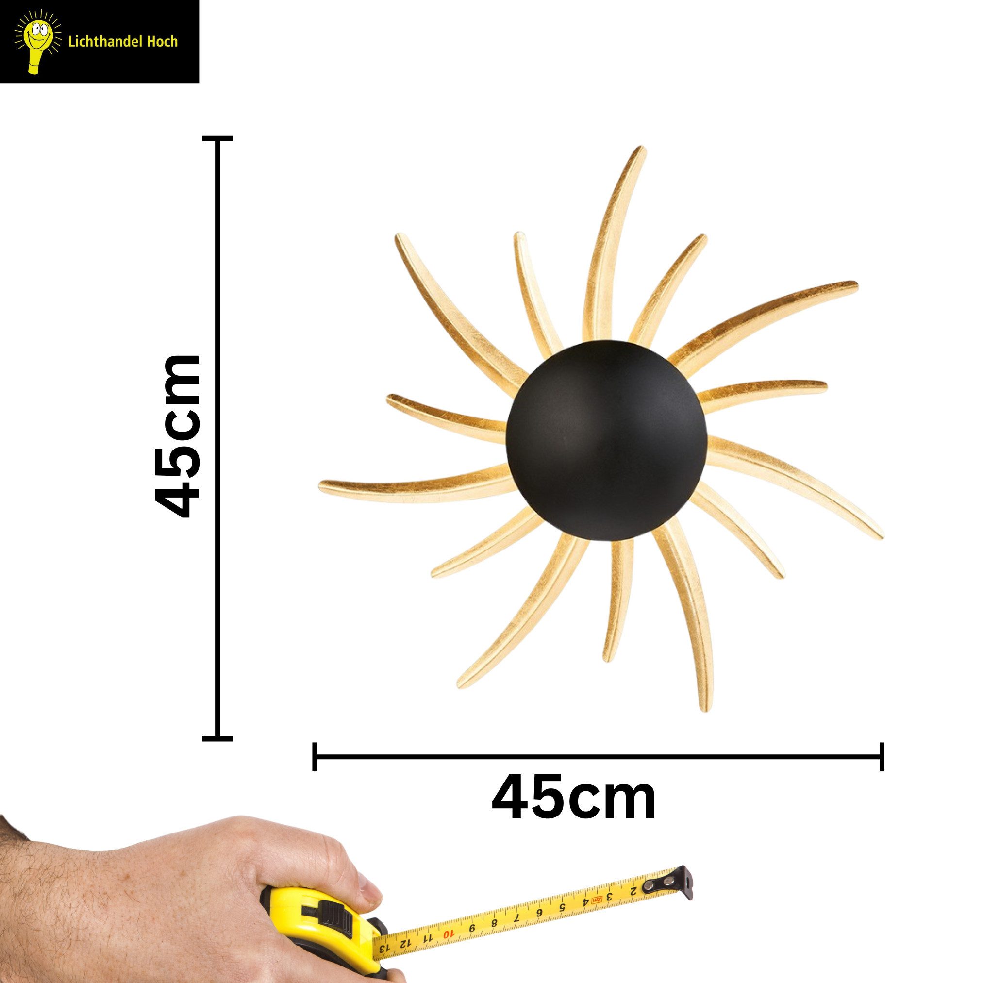 Lichthandel Hoch LED Wandleuchte modern „Sun“ –Schwarz/Gold– Design-Leuchte in Sonnenform Ø ca. 45cm, LED fest integriert, 2700K, EINFACHE BEDIENUNG - AN / AUS - Schalter