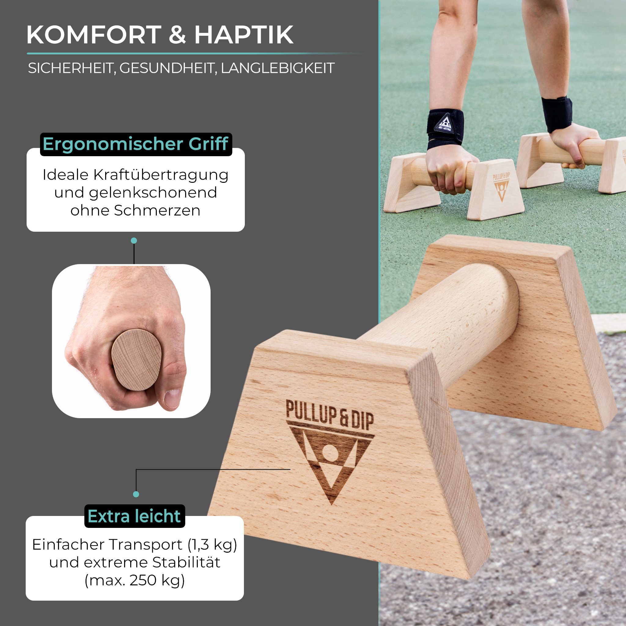 Pullup & Dip Liegestützgriffe Holz Liegestützgriffe mit ergonomischem Griff inkl. Wrist Wraps