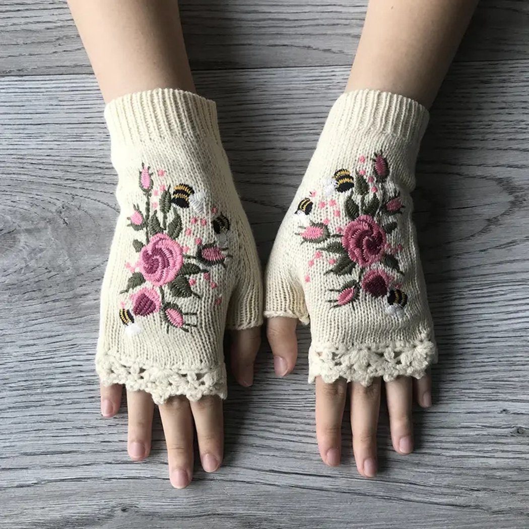 TUABUR Strickhandschuhe Handgefertigte, mit Blumen bestickte Handschuhe, Strickhandschuhe Weiß