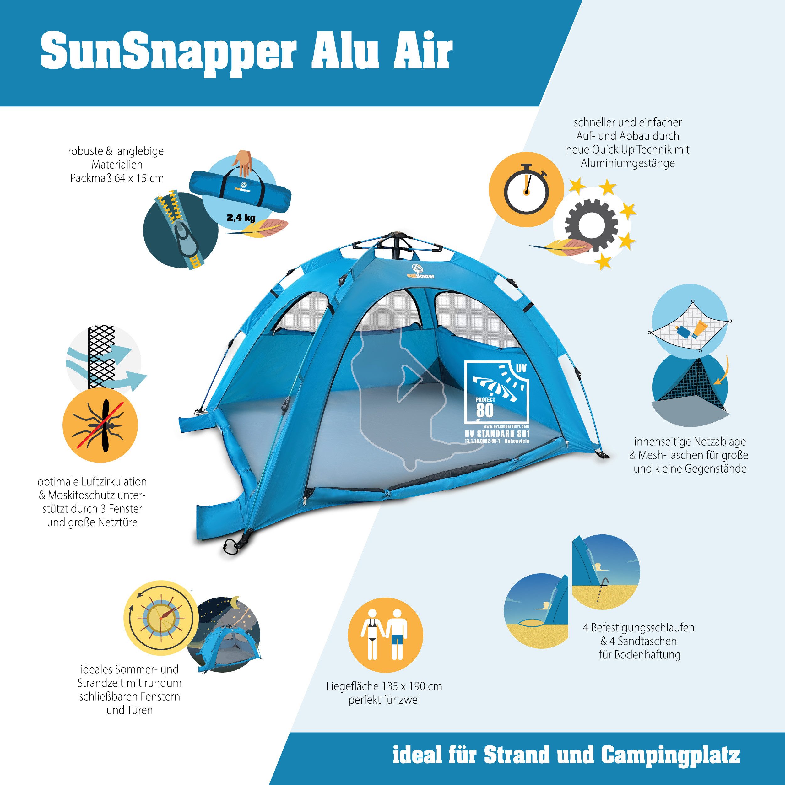 outdoorer Strandmuschel Sun Snapper Alu Air - Wind- & Sonnenschutz, Personen: 3, Quick-up-Strandmuschel mit UV 80-Schutz, Windschutz & Alu-Gestänge – Bild 2 von 5
