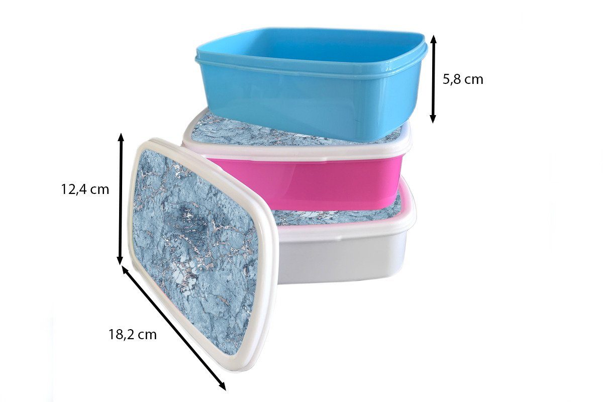 Snackbox, - Erwachsene, Kunststoff, Brotbox MuchoWow Muster, Kinder, - für Mädchen, Brotdose Blau Silber (2-tlg), - Marmor Kunststoff Lunchbox rosa