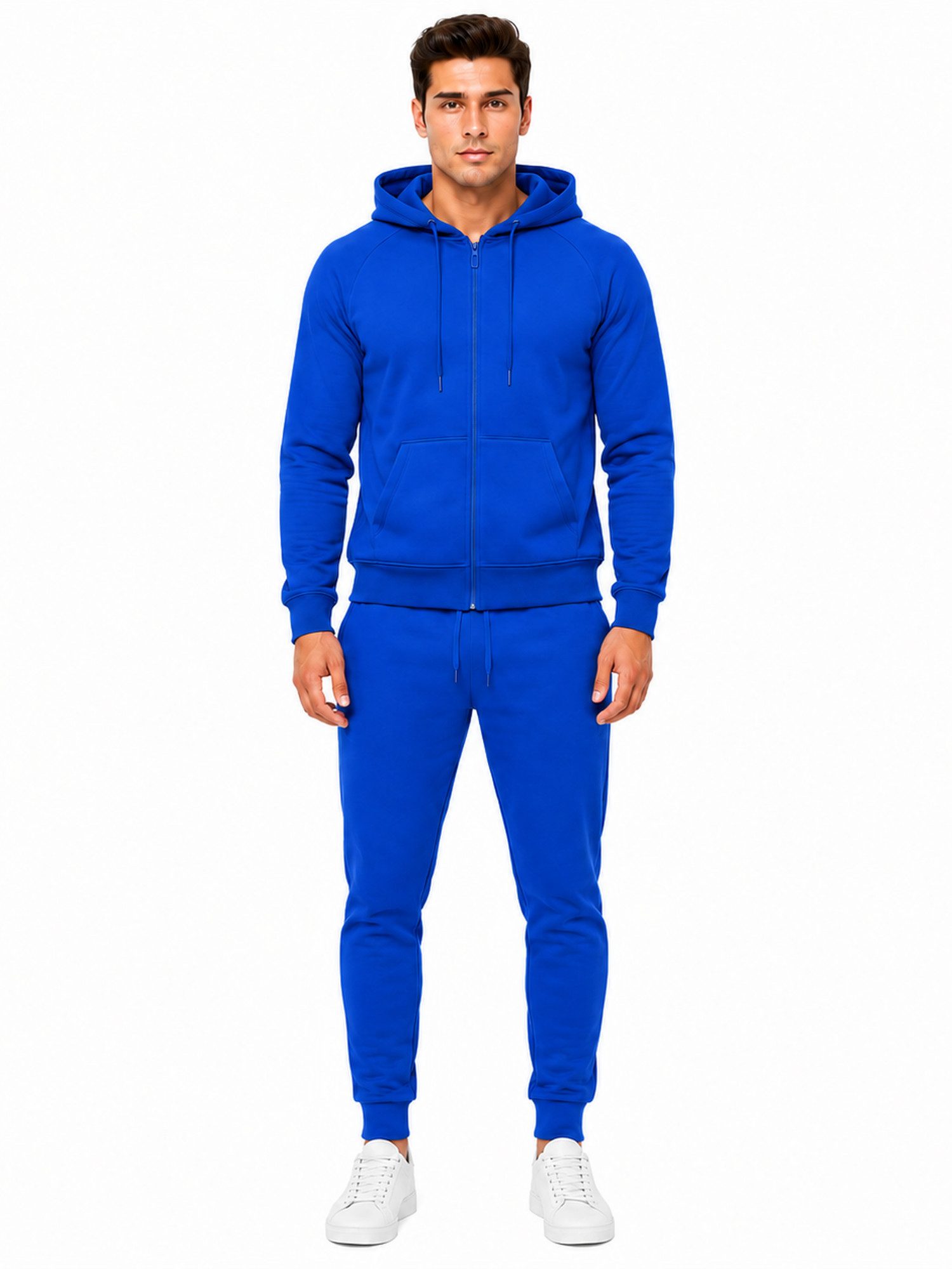 L.gonline Freizeitanzug Herren Jogginganzug einfarbig 100% BW 586 Blau S (Kapuzenjacke mit Reißverschluss, Hose, 2-tlg), Fitness Freizeit Casual