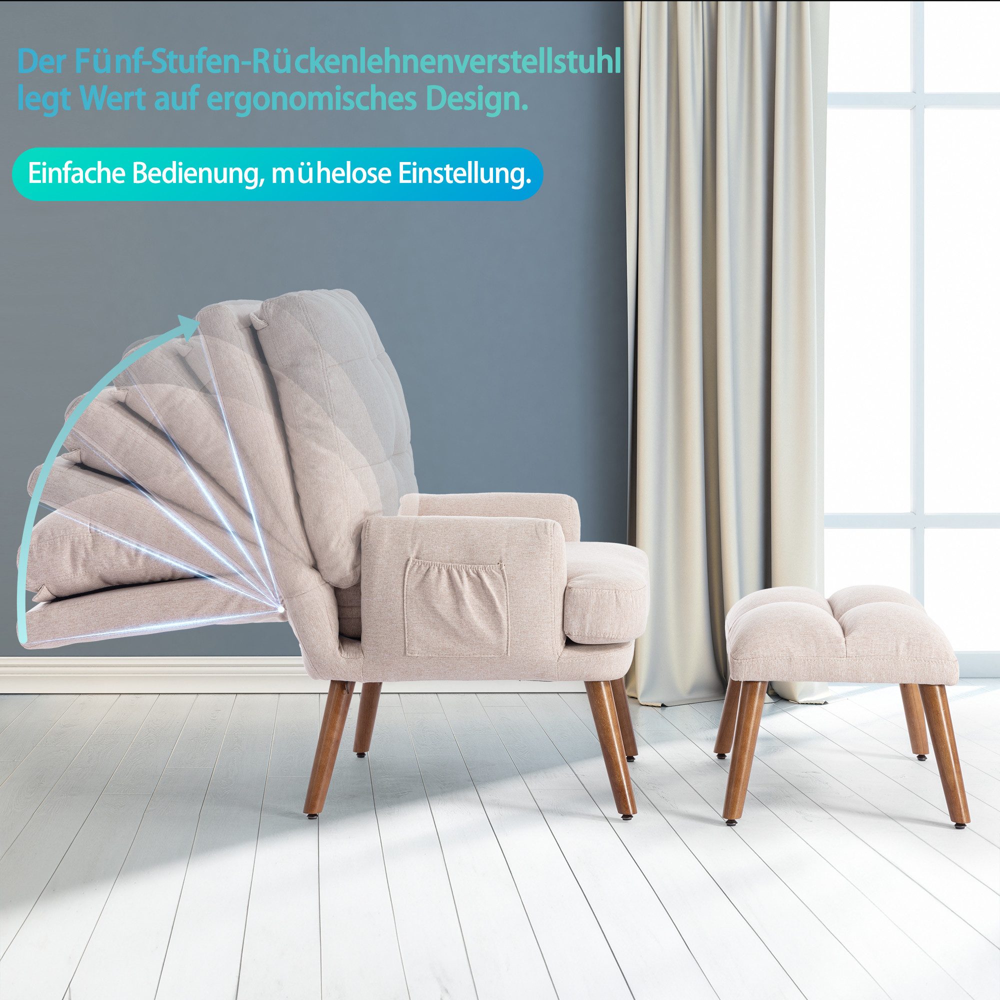 HAUSS SPOLE Loungesessel mit Fußstütze, seitlicher Ablage Rückenlehne verstellbar Beige (Liegesessel 5 Stufen, 2-St., Ohrensessel mit Hocker), mit Relaxfunktion