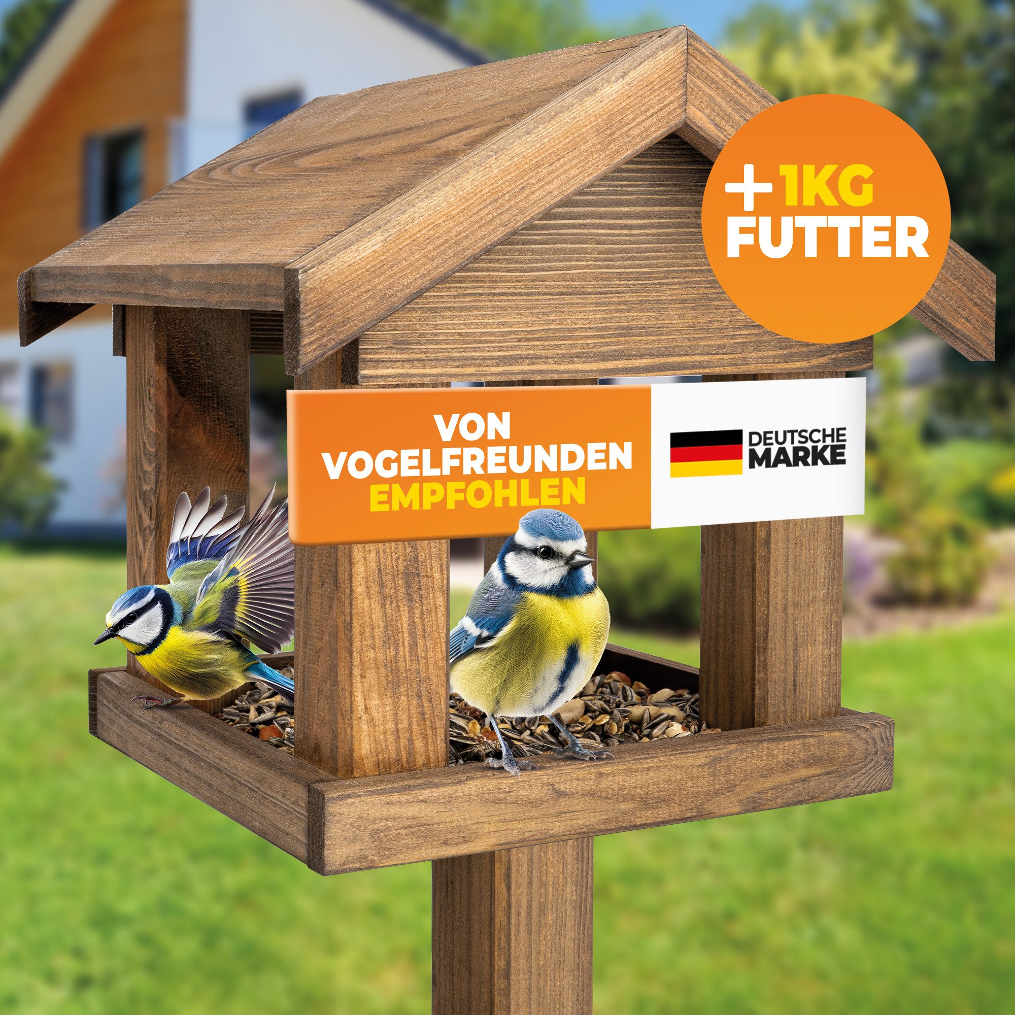 STAHLMANN COMMERCE GmbH Vogelhaus STAHLMANN® Vogelhaus [FÜR ALLE VOGELARTEN] - inkl. 1 KG Vogelfutter, Vogelhaus mit Ständer wetterfest & langlebig
