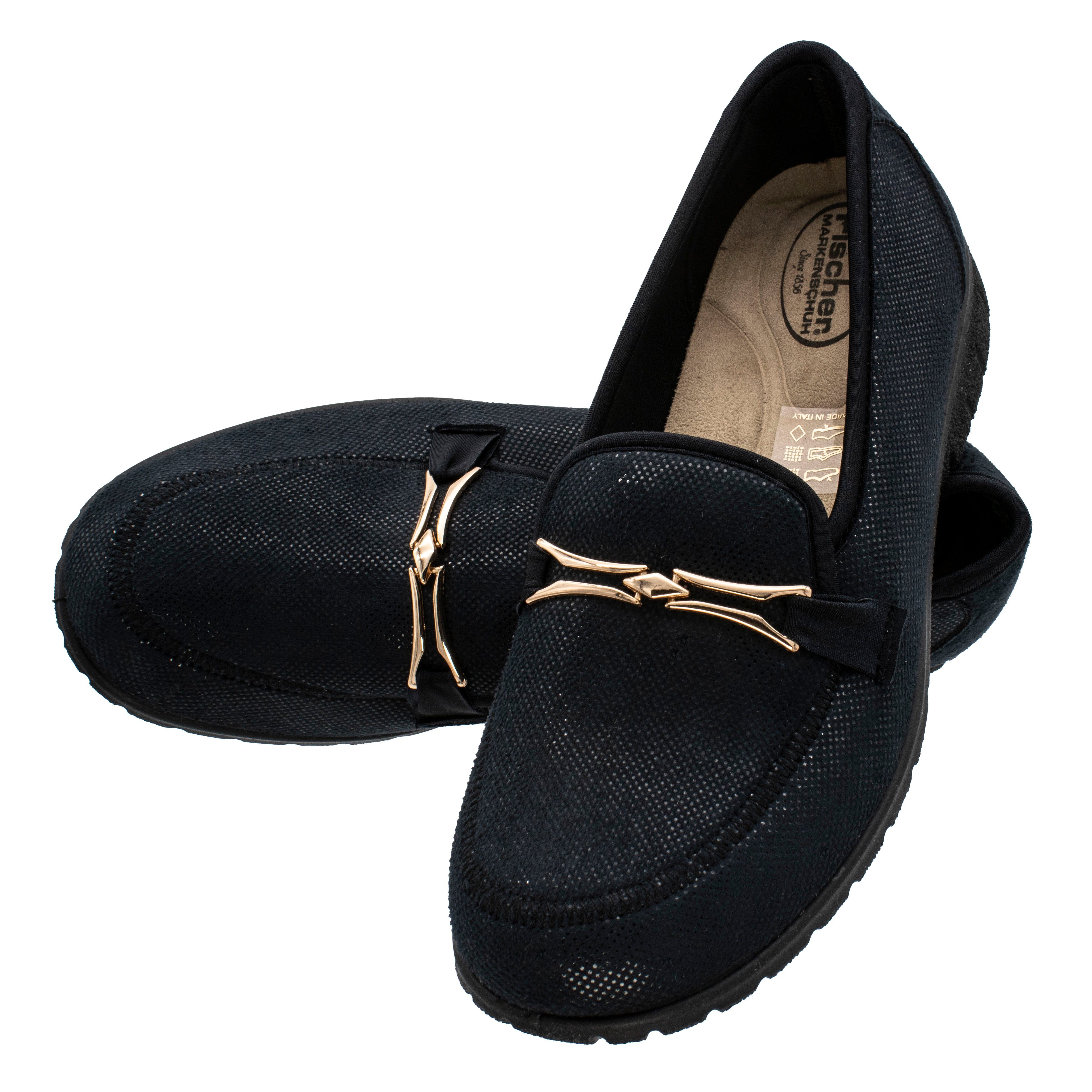 Fischer-Markenschuh Karin Slipper Ledereinlegesohle Textilfutter, herausnehmbar Stretchmaterial, schwarz aus