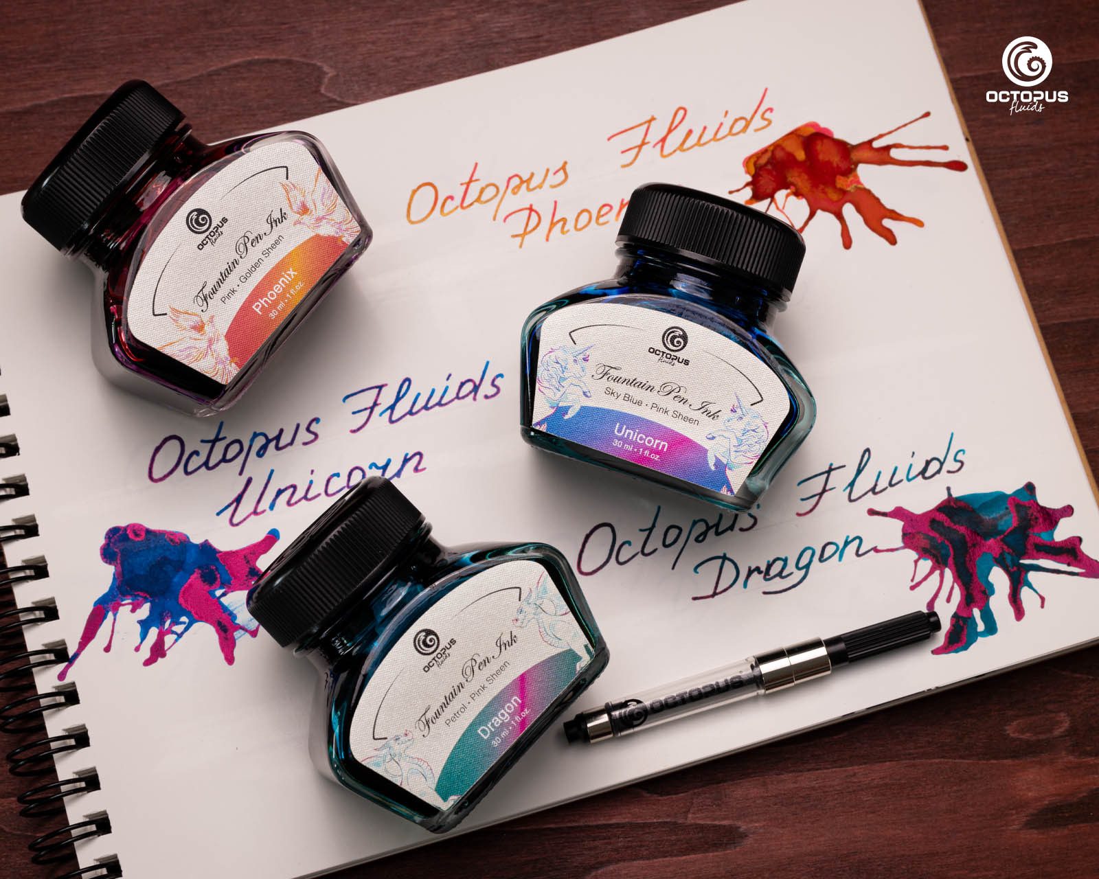 OCTOPUS Fluids 3 x 30ml Füllhaltertinte Sheen mit Konverter Tintenglas (0-tlg., inklusive Konverter)
