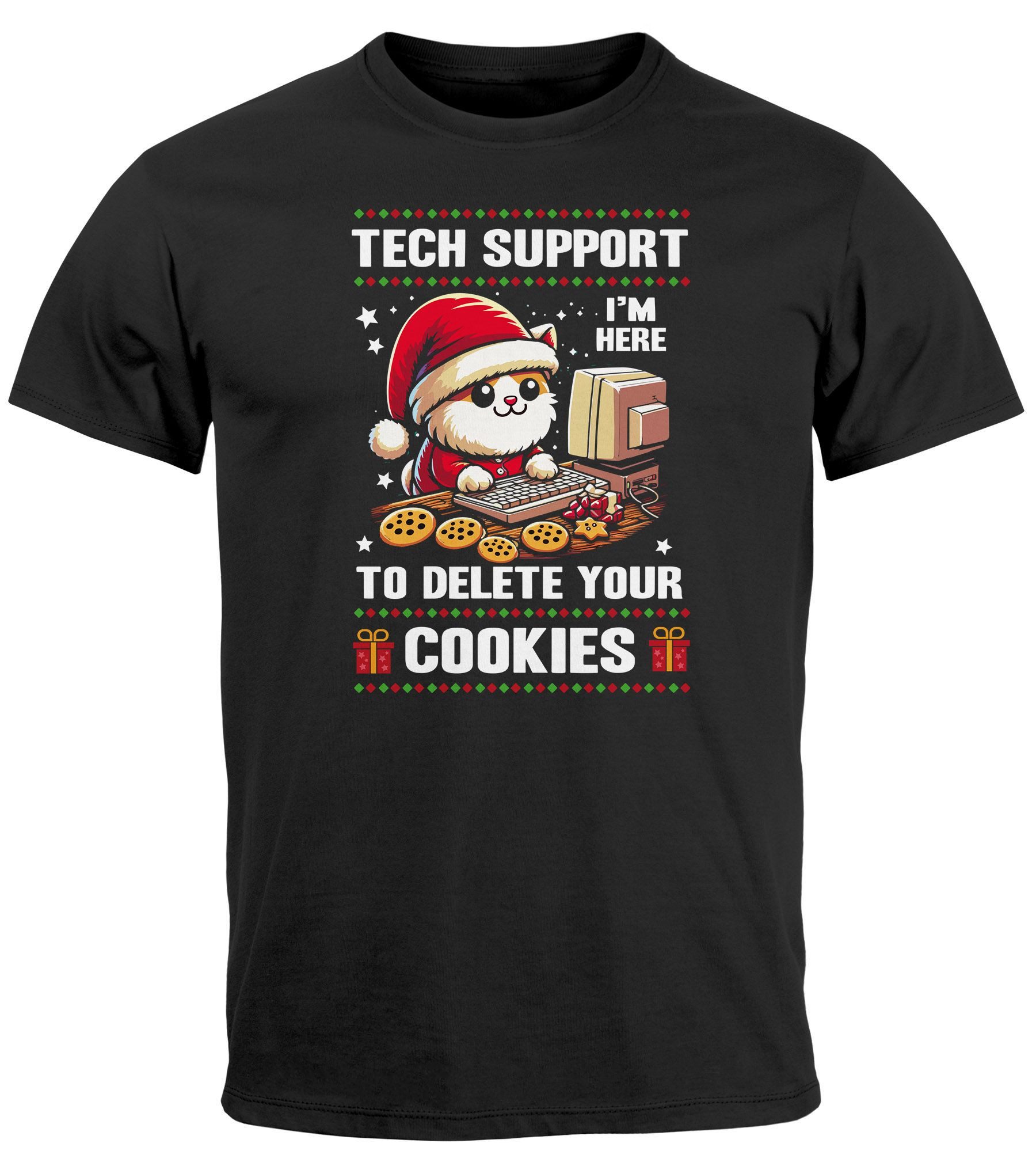 Print-Shirt Herren T-Shirt Weihnachten Katze SpruchLustig Teck Support Delete