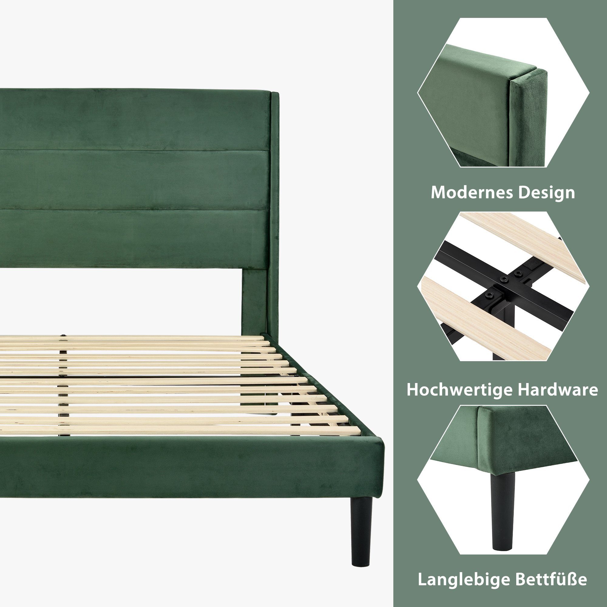 Polsterbett, 140 x 200 cm Doppelbett Ehebett mit Lattenrost & Kopfteil, Samt