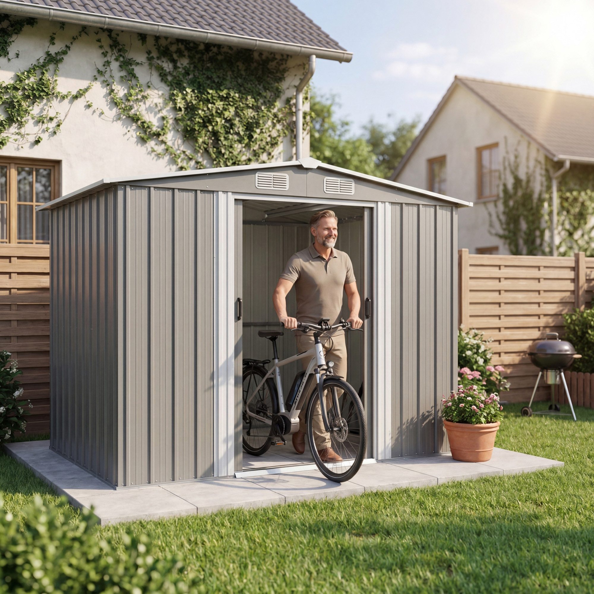GUNJI Gerätehaus Metall Geräteschuppen Inkl. Stahlfundament, Gartenhaus mit Pultdach, M: 1,8m x 1,1m, L: 2.3m x 2m, XL: 2.4m x 3m, Doppelschiebetür