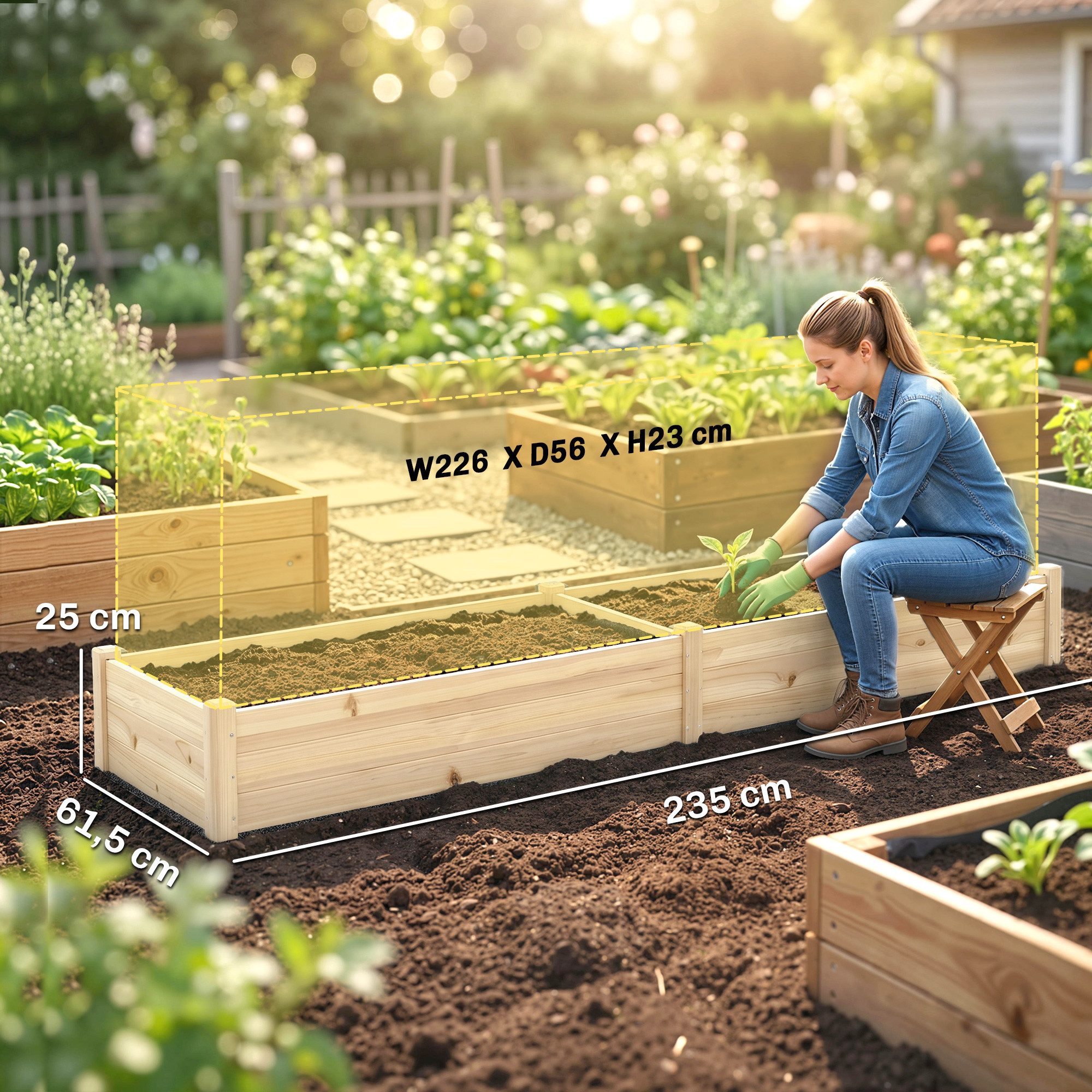 Outsunny Hochbeet 2 Pflanzbereiche, Innenverkleidung aus Vlies, Wetterbeständig (Pflanzkasten, 1 St., Blumenkasten), für Garten, Balkon, Naturholz