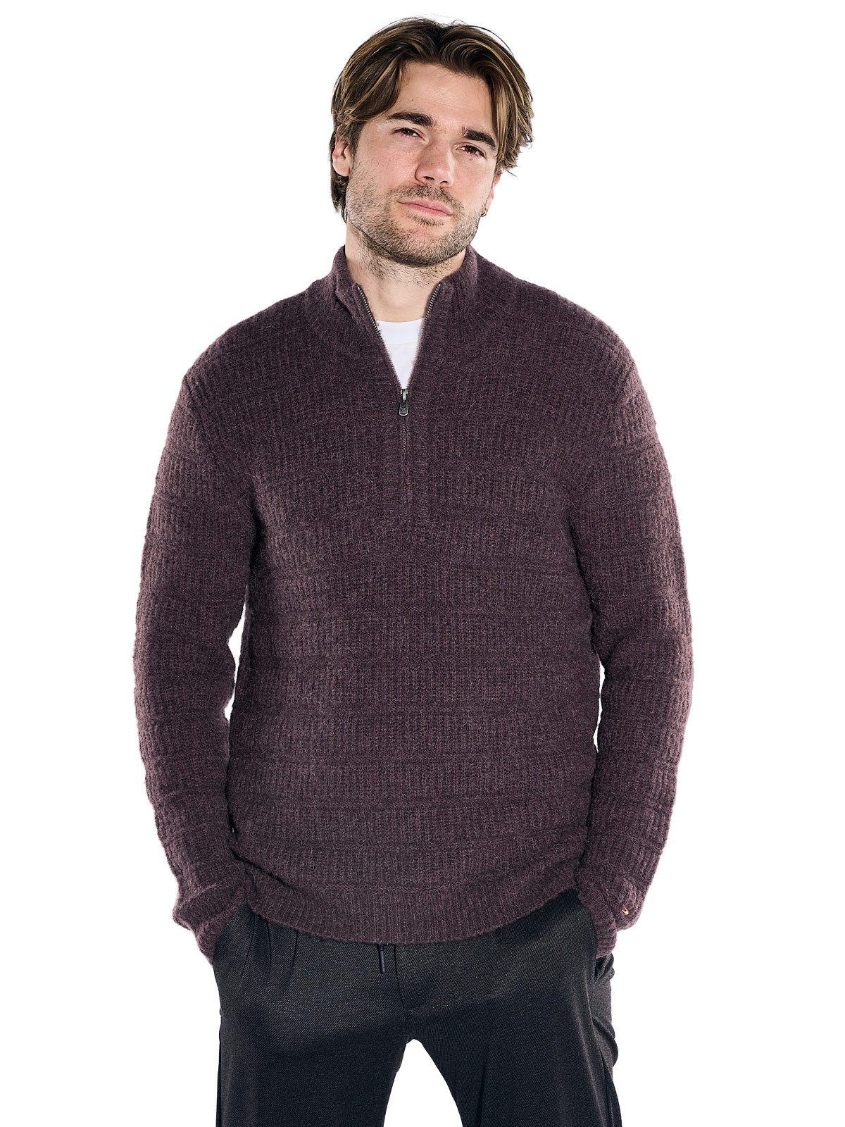 emilio adani Stehkragenpullover Herren Strickpullover mit Reißverschluss, Dunkelbraun