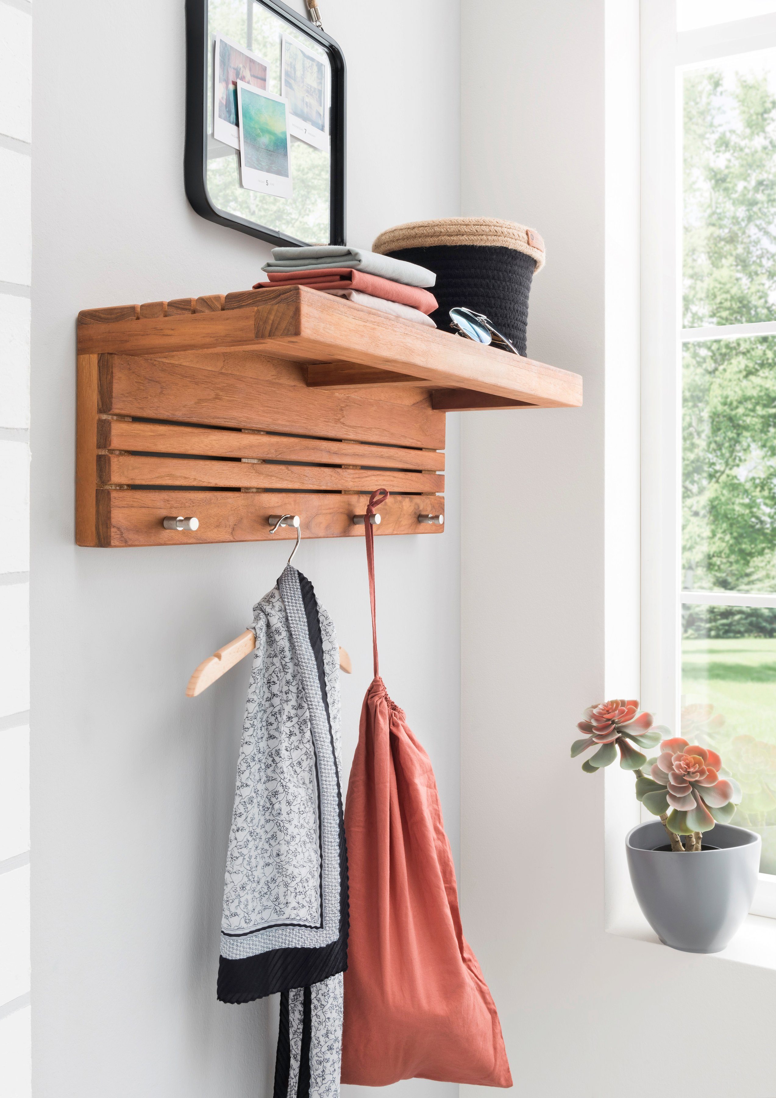 Teak Ablageelement Garderobe & 61,5x23x20,5 Wandregal cm, Destiny m. Haken, LIVING, SPA