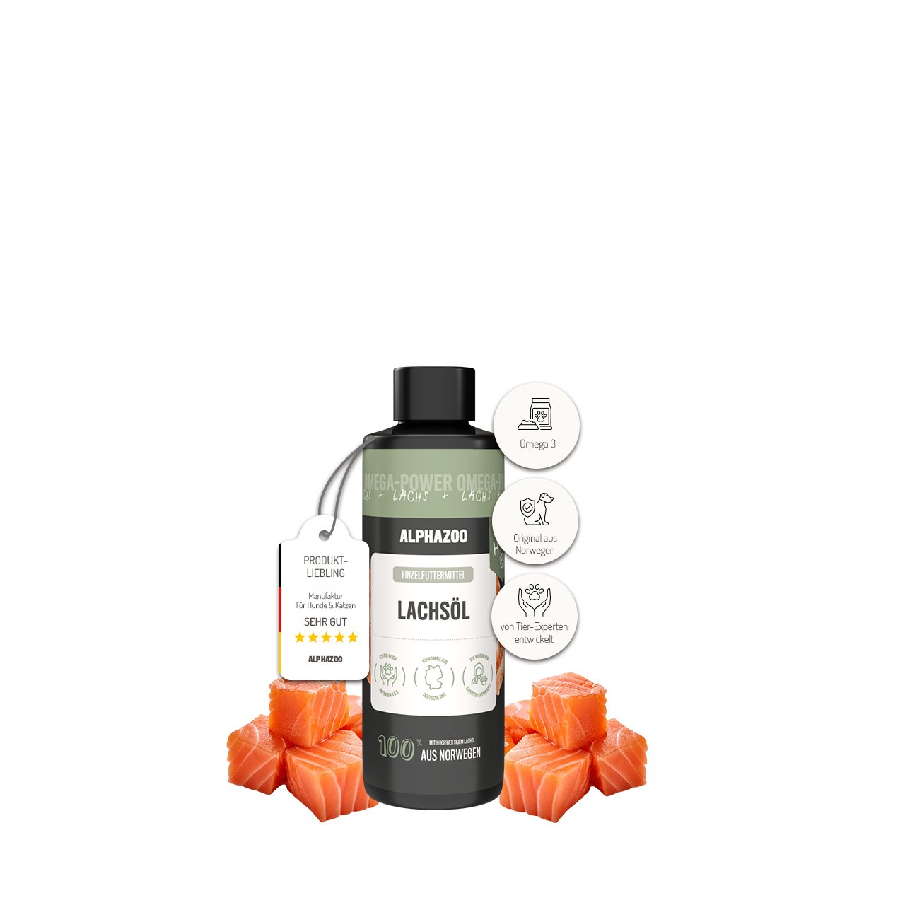 ALPHAZOO Fellpflege Premium Lachsöl I Hunde, 100 ml, Omega 3 Fettsäuren I Natürliches Fischöl I Haut und Fell