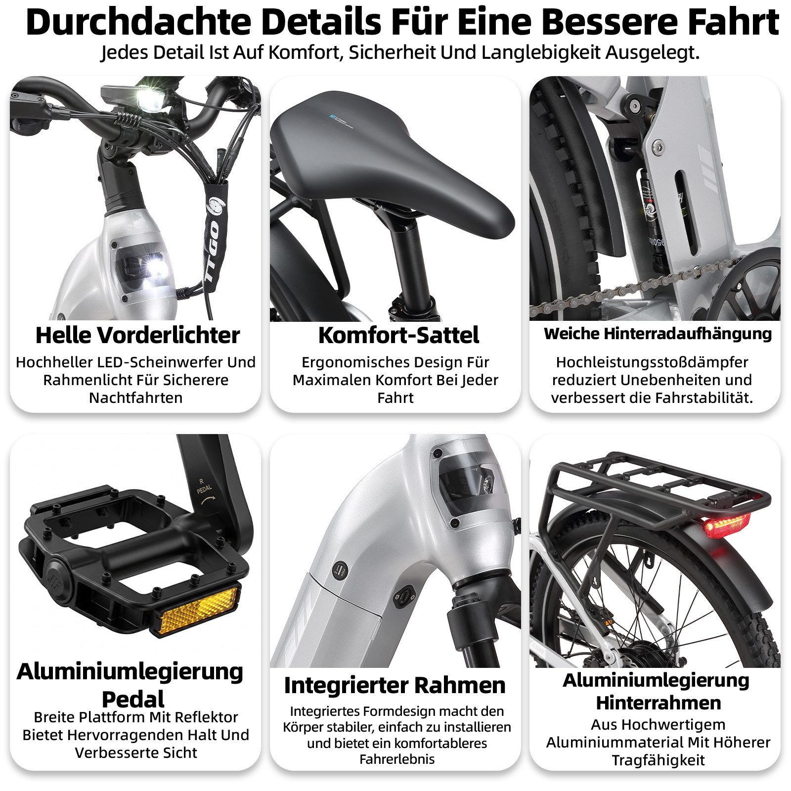 TTGO E-Bike Cityrad 28 Zoll, SUV, Fully, Vollfederung, max. 120km, 70Nm, Drehmomentsensor, 7 Gang Shimano ARDTY300D Schaltwerk, Kettenschaltung, Heckmotor, 720 Wh, (mit Bremslicht, Farb-LCD-Display, Hydraulische Scheibenbremsen), S6, Lockout-Federgabel, 5 Stufen, Elektrofahrrad für Damen und Herren