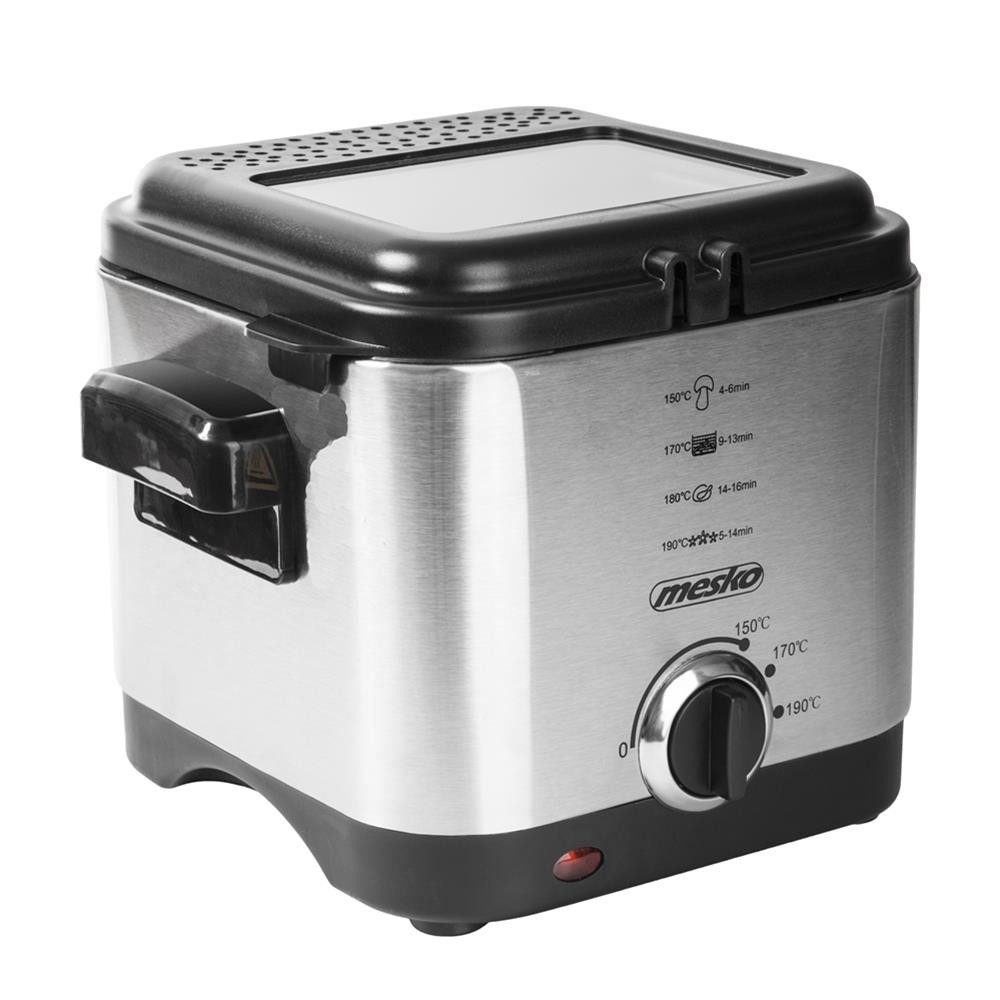 Mesko Fritteuse MS 4910, 900 W, kleine elektrische Edelstahl-Fritteuse mit Thermostat 1,5 L, Silber