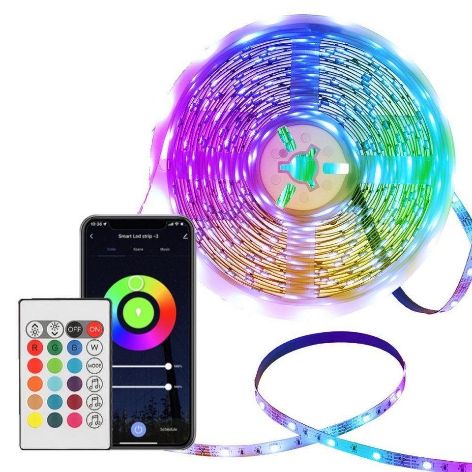 OULENBIYAR LED-Streifen LED Stripe 5m 10m, RGB einstellbar, Fernbedienung  App, 5050 Bluetooth, App-Steuerung, Dimmbar, Musik Sync, Timer-Einstellung