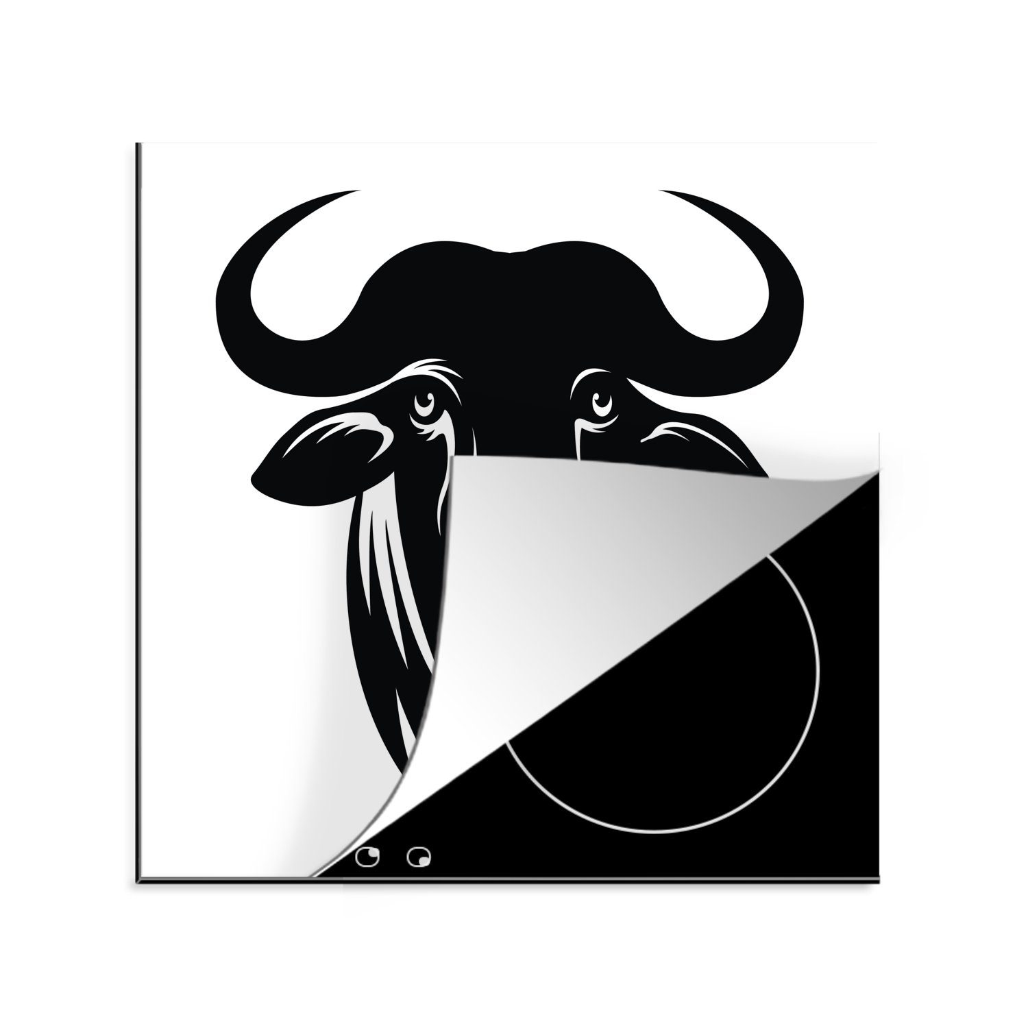 MuchoWow Herdblende-/Abdeckplatte Schwarz-Weiß-Abbildung des Kopfes eines Wasserbüffels, Vinyl, (1 tlg), 78x78 cm, Ceranfeldabdeckung, Arbeitsplatte für küche