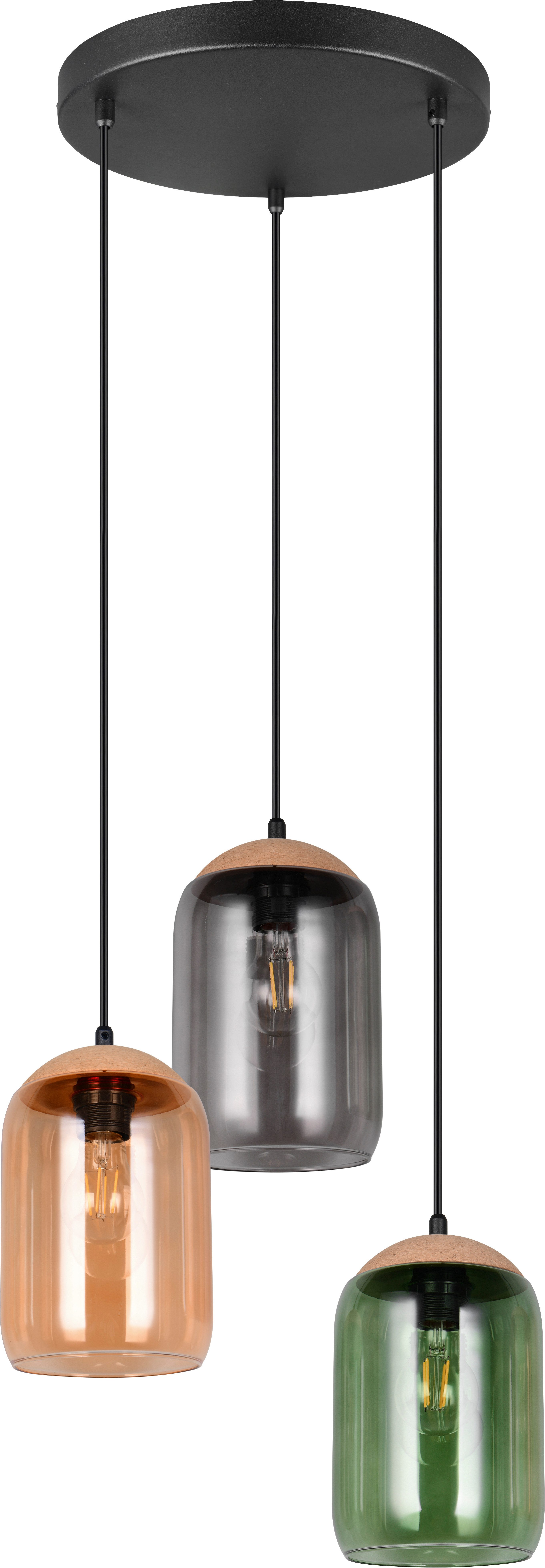 TRIO Leuchten Pendelleuchte CORK, mehrflammige Hängelampe mit bunten Glasschirmen exkl E27 max 10W, Leuchtmittel wechselbar, warmweiß - kaltweiß, aus min. 50% Recycling-Material (Glas), Höhe bis 150 cm