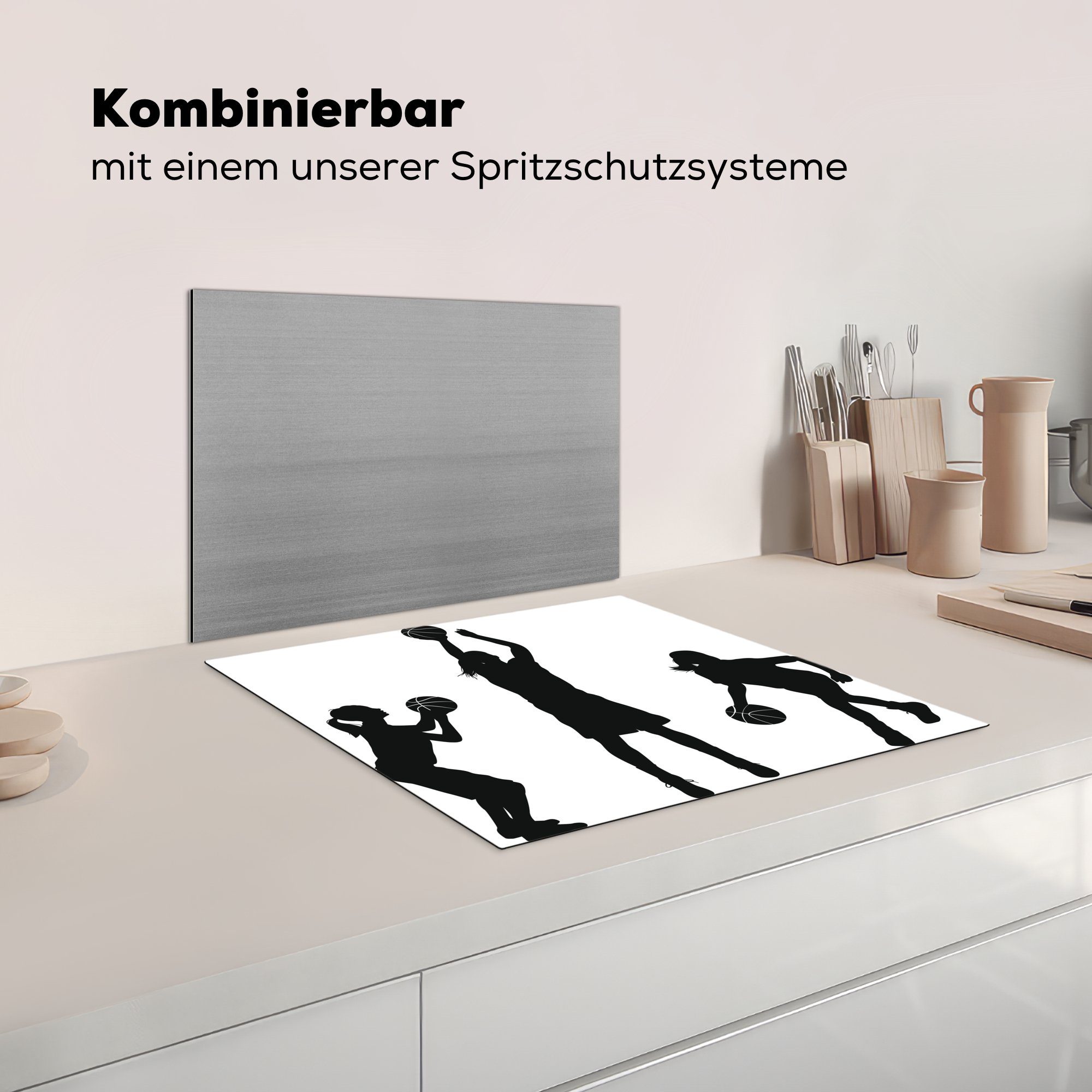 Arbeitsfläche Illustration cm, drei tlg), Ceranfeldabdeckung (1 nutzbar, die Basketball, Herdblende-/Abdeckplatte schwarz-weiße von Mädchen, Vinyl, Mobile 60x52 MuchoWow Eine