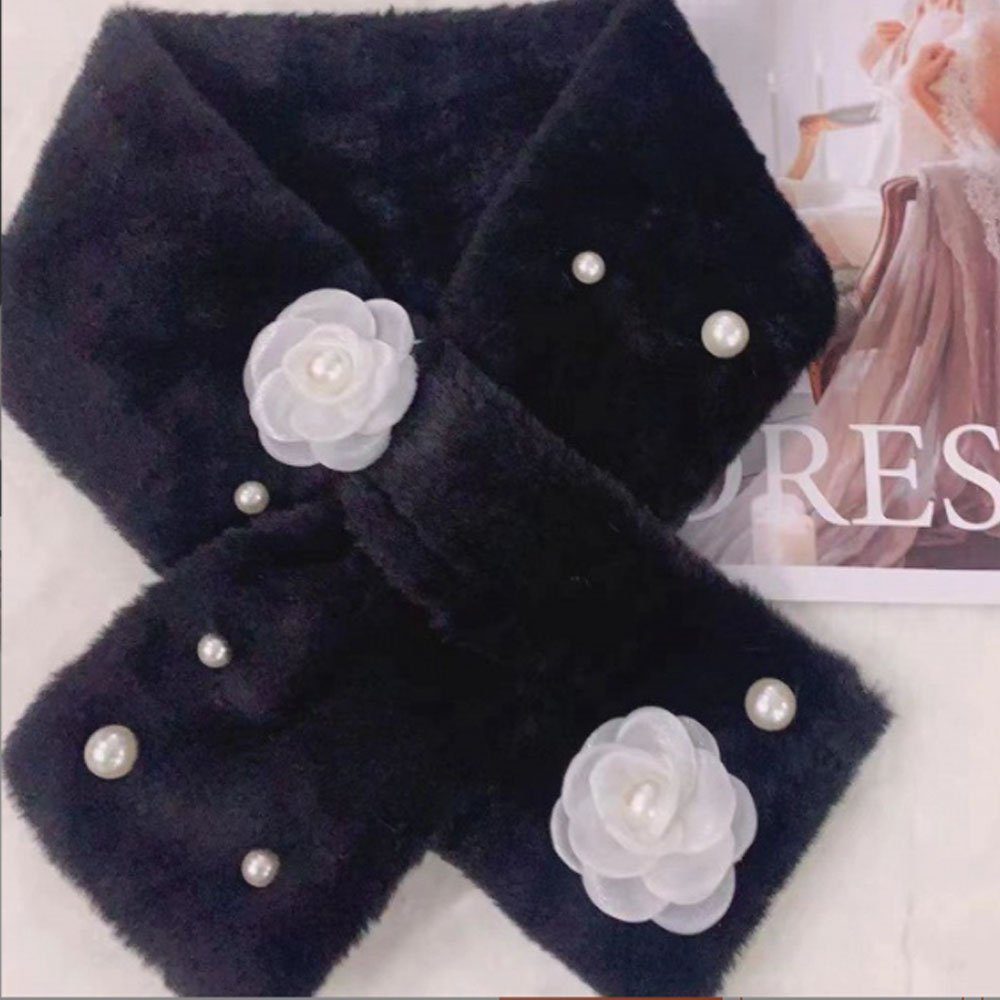 LAKKEC Plüsch Schal mit Warm Gemütlich Schwarz Perlen Warmer Pelz Damen Faux Winter Elegant Schal, Kaninchen Modeschal