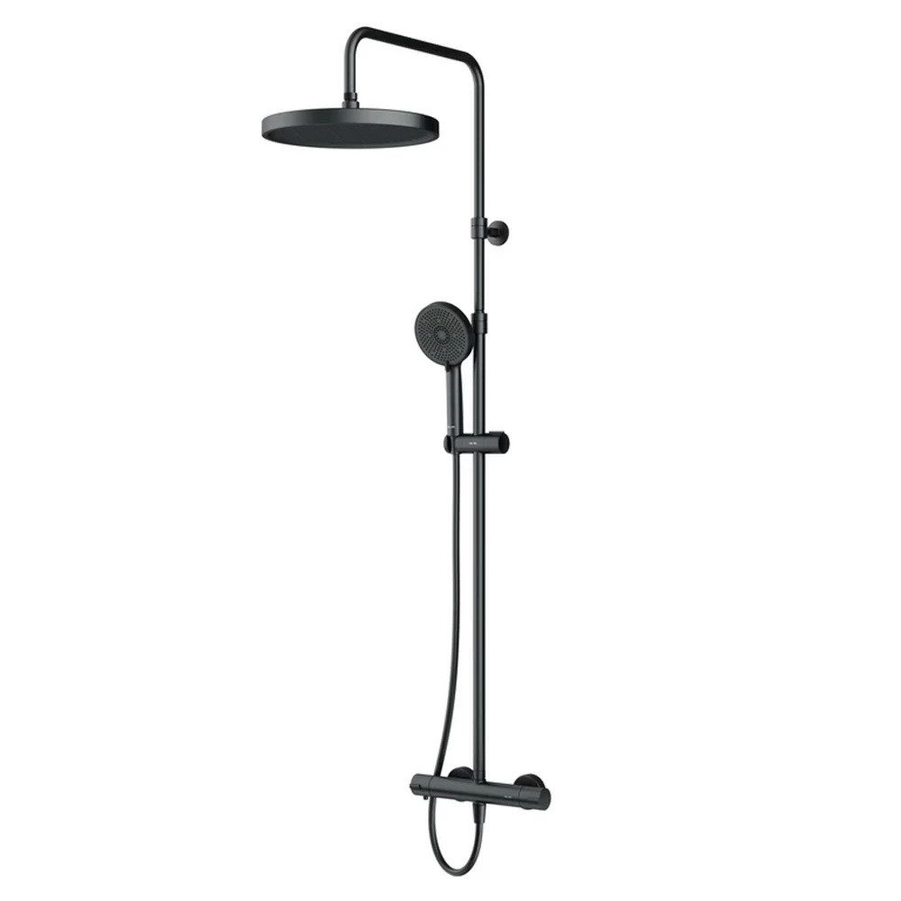 AM.PM Duschsystem PLAY mit Thermostat Ø 30 cm Regendusche & Handbrause Duscharmatur, Höhe 146 cm, 5 Strahlart(en), Brause Dusch-Komplettset, höhenverstellbare Duschsäule 103-146 cm, Dusche Brauseset mit 175 cm Duschschlauch Schwarz, Duschset Kopfbrause & Handdusche mit Antikalk-Duschkopf