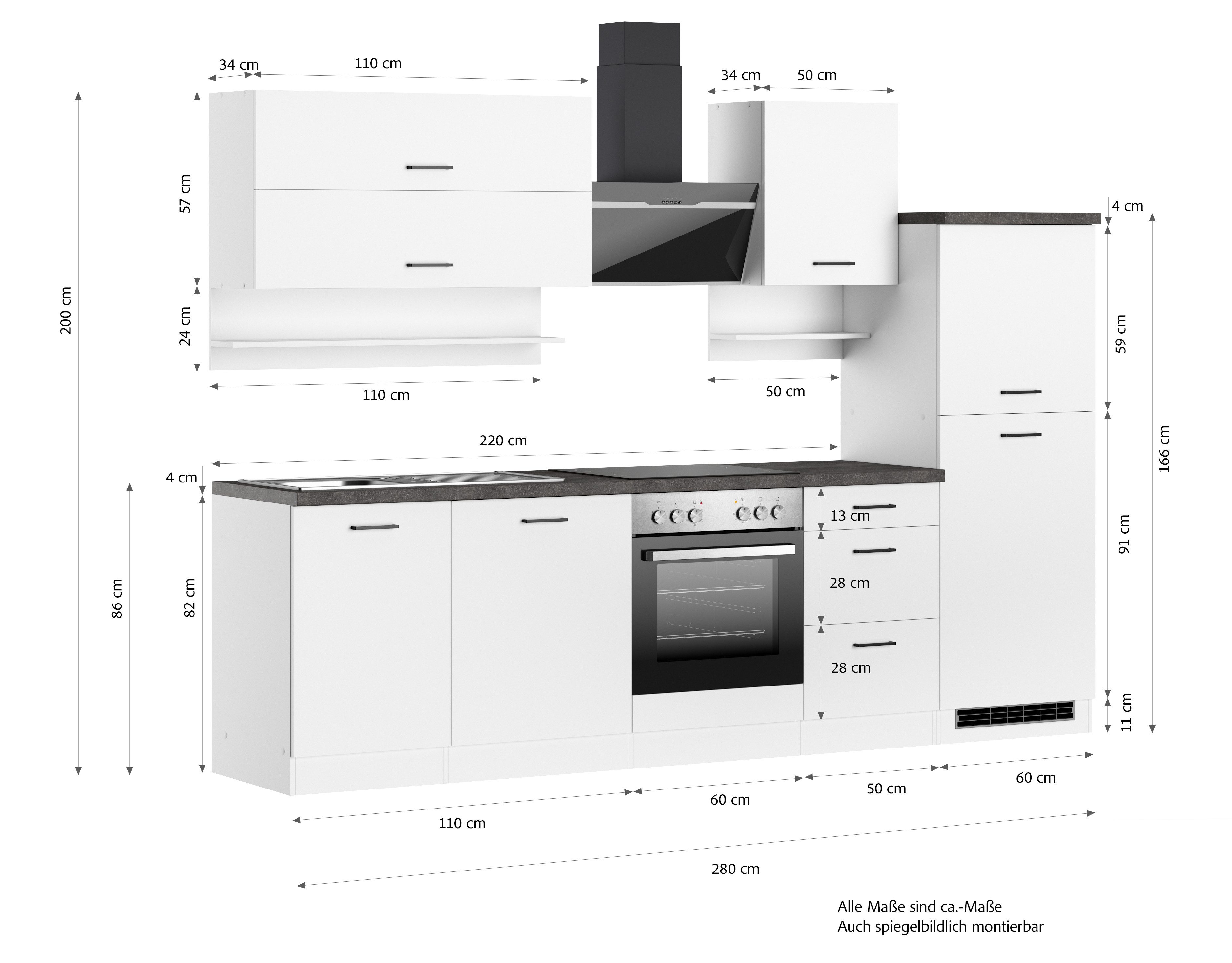 KOCHSTATION Küchenzeile KS-Frieda Breite 280 cm, wahlweise mit E-Geräten, mit 38mm starker Arbeitsplatte