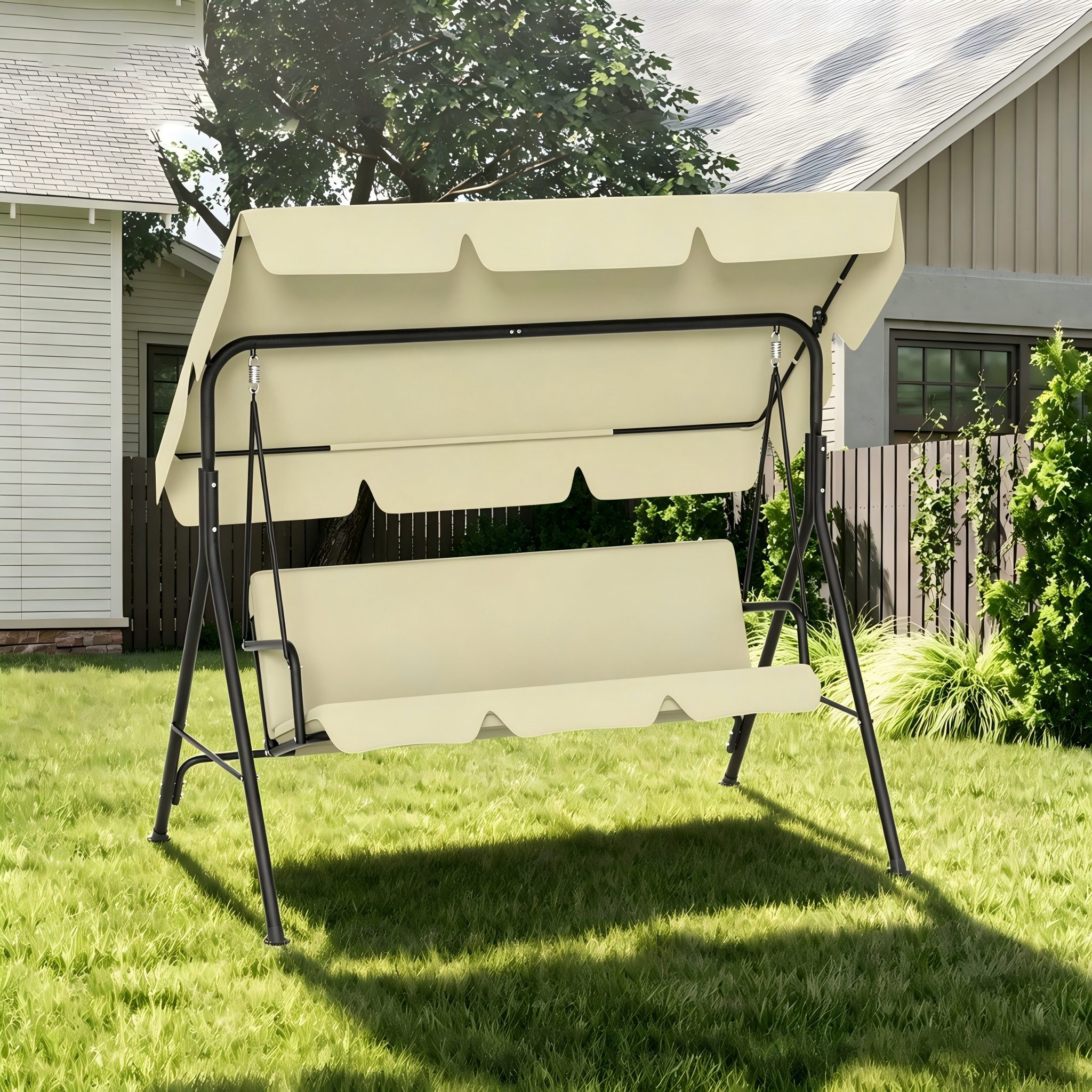 FIVMEN Hollywoodschaukel Gartenschaukel 3-Sitzer mit Verstellbarem Sonnendach weichem Kissen, 193x110x152cm, Metall Hängeschaukel mit Verstellbarem Sonnendach Liegefunktion