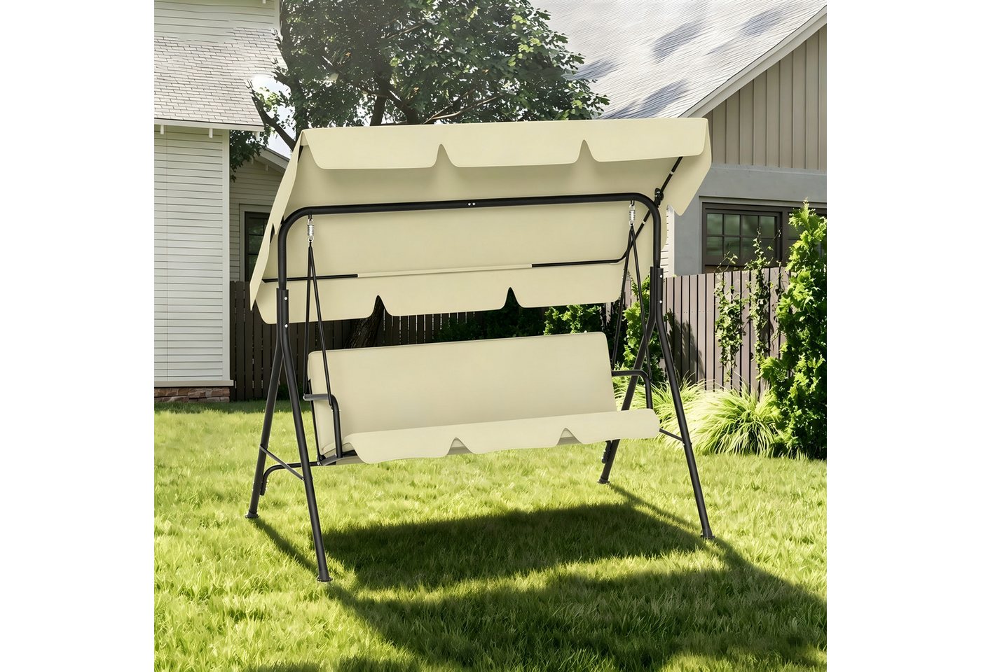 FIVMEN Hollywoodschaukel Gartenschaukel 3-Sitzer mit Verstellbarem Sonnendach weichem Kissen, 193x110x152cm, Metall Hängeschaukel mit Verstellbarem Sonnendach Liegefunktion
