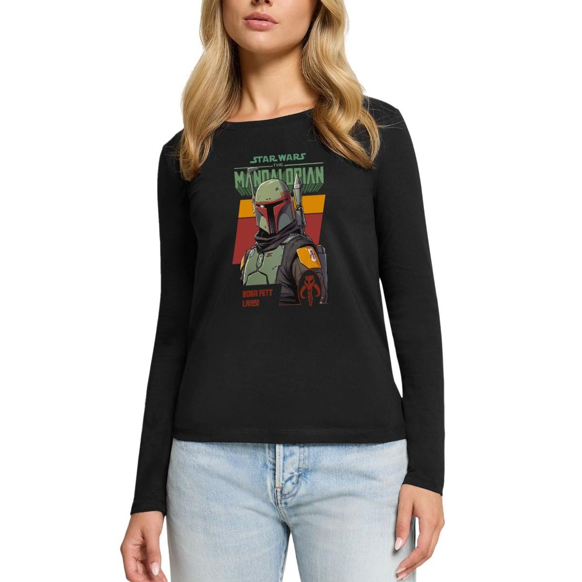 Spreadshirt T-Shirt Star Wars: Mandalorian Boba Fett Lives Premium Langarmshirt Damen (1-tlg)
