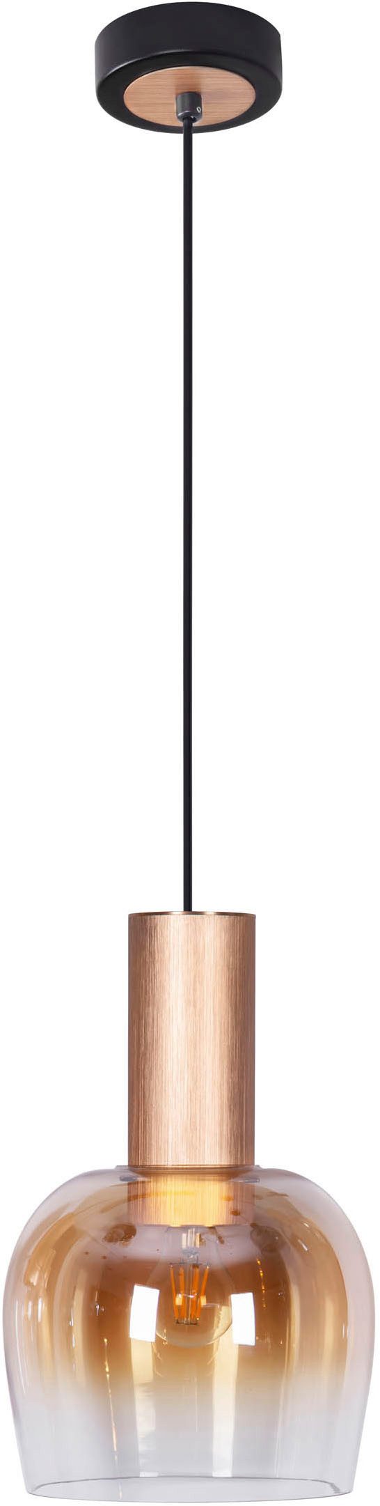 näve Pendelleuchte Funda, Leuchtmittel wechselbar, 1flg., Glas in amber D: 23,5cm, Zuleitung 150cm schwarz, E27 exkl. LM