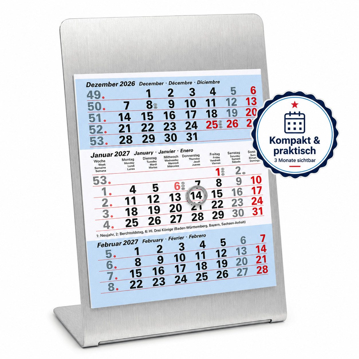 TOBJA Tischkalender Tischkalender 2027 Metallaufsteller 3-Monatskalender Büro (Ice), 3-Monats-Überblick, Datumsschieber, Edelstahl-Optik, mehrsprachig
