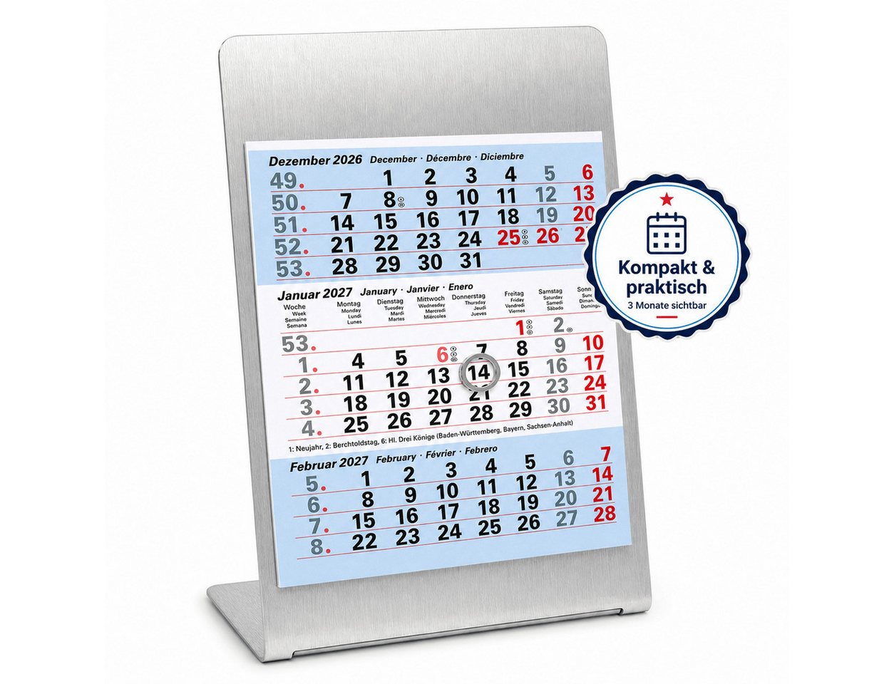 TOBJA Tischkalender Tischkalender 2027 Metallaufsteller 3-Monatskalender Büro (Ice), 3-Monats-Überblick, Datumsschieber, Edelstahl-Optik, mehrsprachig