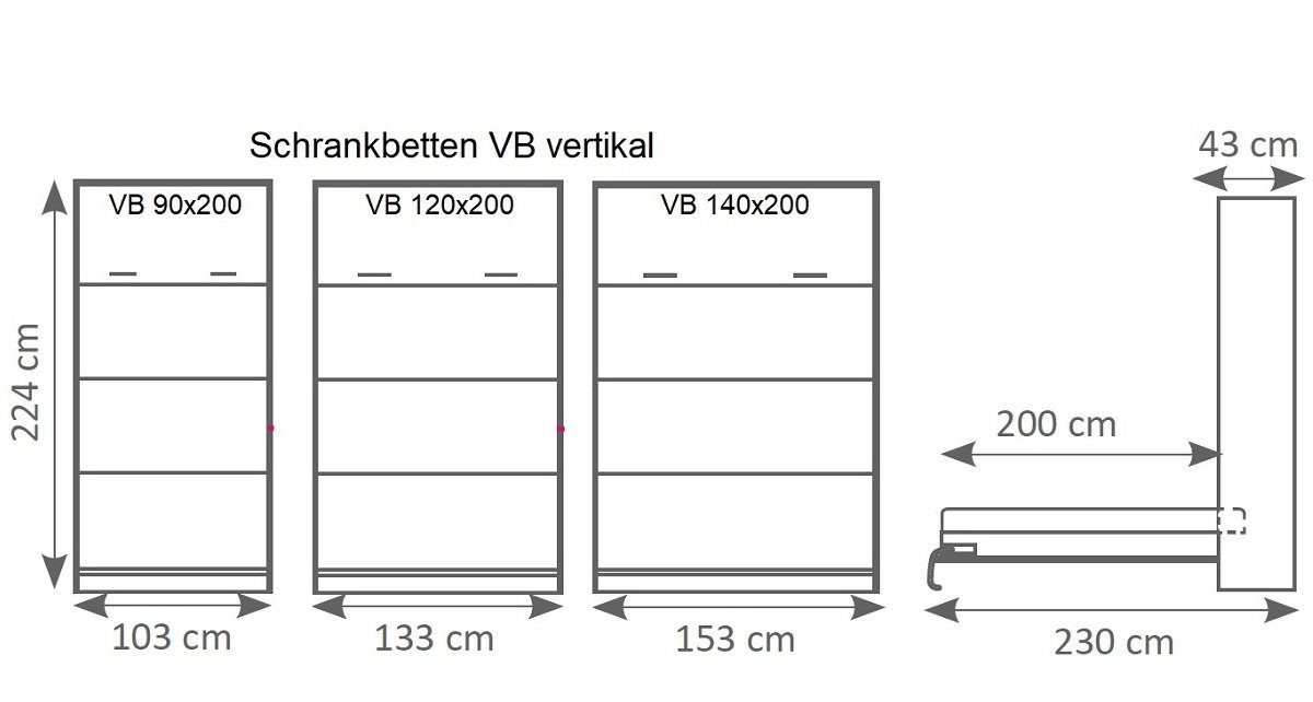 QMM TraumMöbel Schrankbett Wandbett VB 140 x 200 (Möbelstück, 1-St., Farbauswahl) vertikal klappbar – Bild 4 von 4