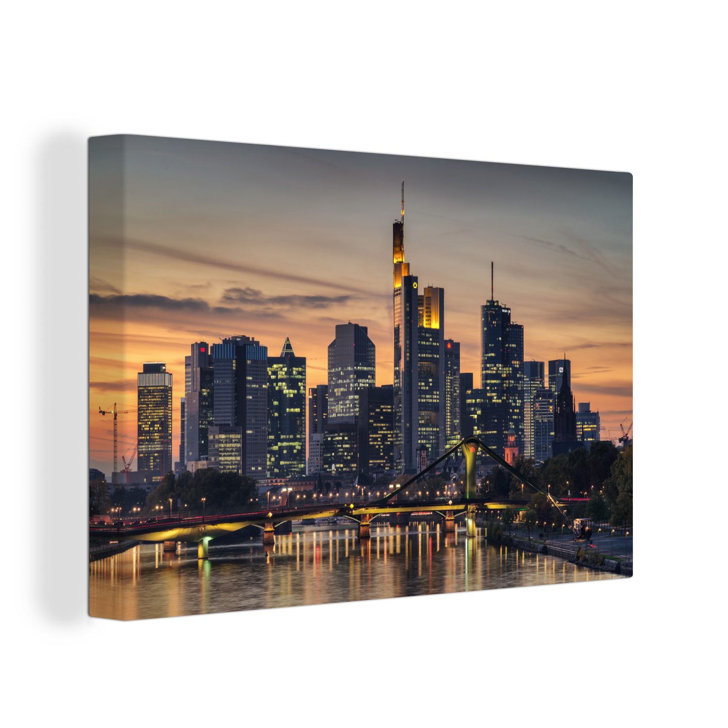 OneMillionCanvasses® Leinwandbild Frankfurter Skyline bei Sonnenuntergang vom Main aus, Deutschland, (1 St), Wandbild für alle Wohnbereiche, Gemälde, XXL, großes, 120x80 cm
