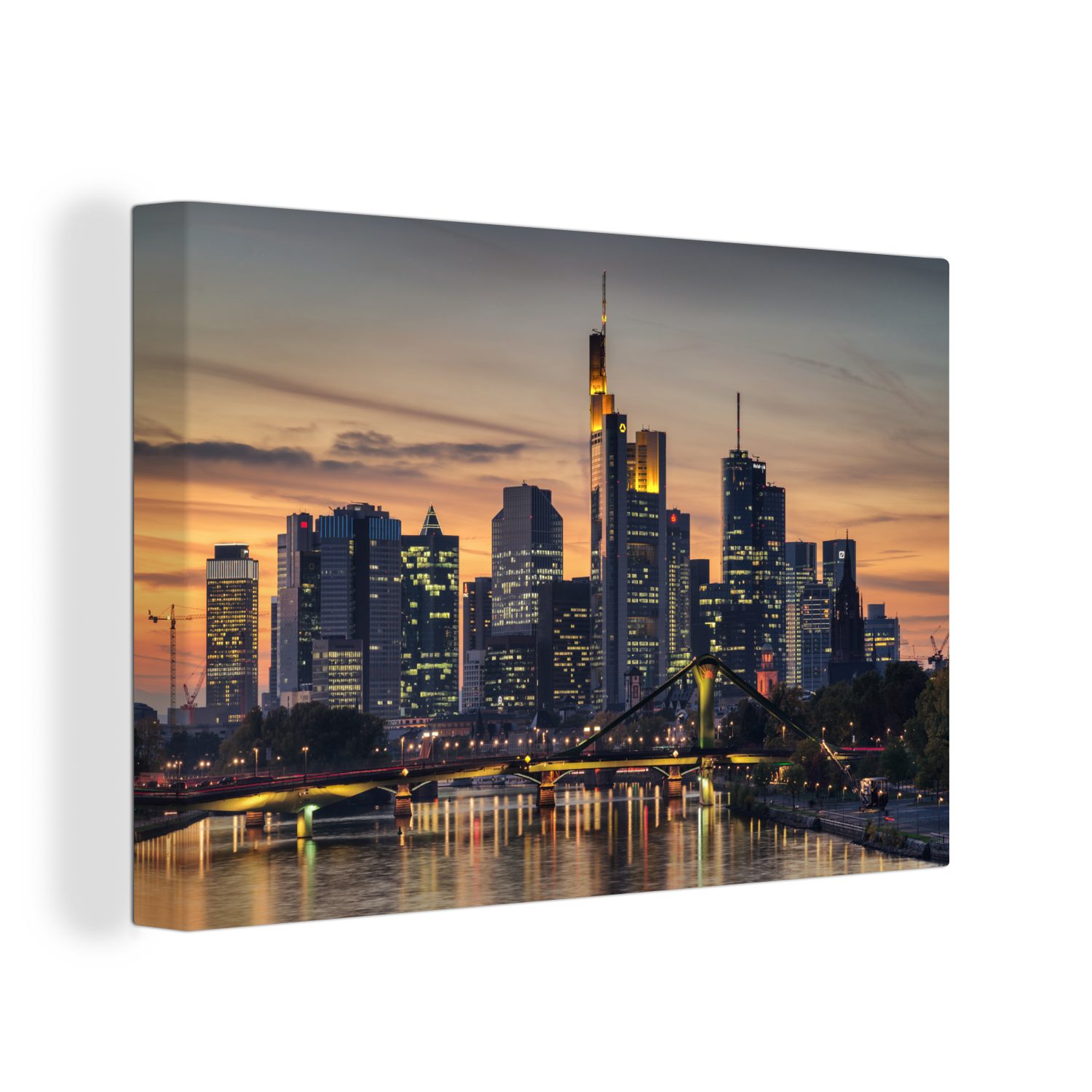 Frankfurter Wohnbereiche, Gemälde, Deutschland, vom für XXL, (1 Leinwandbild St), 120x80 Main alle großes, cm Sonnenuntergang bei OneMillionCanvasses® Wandbild aus, Skyline